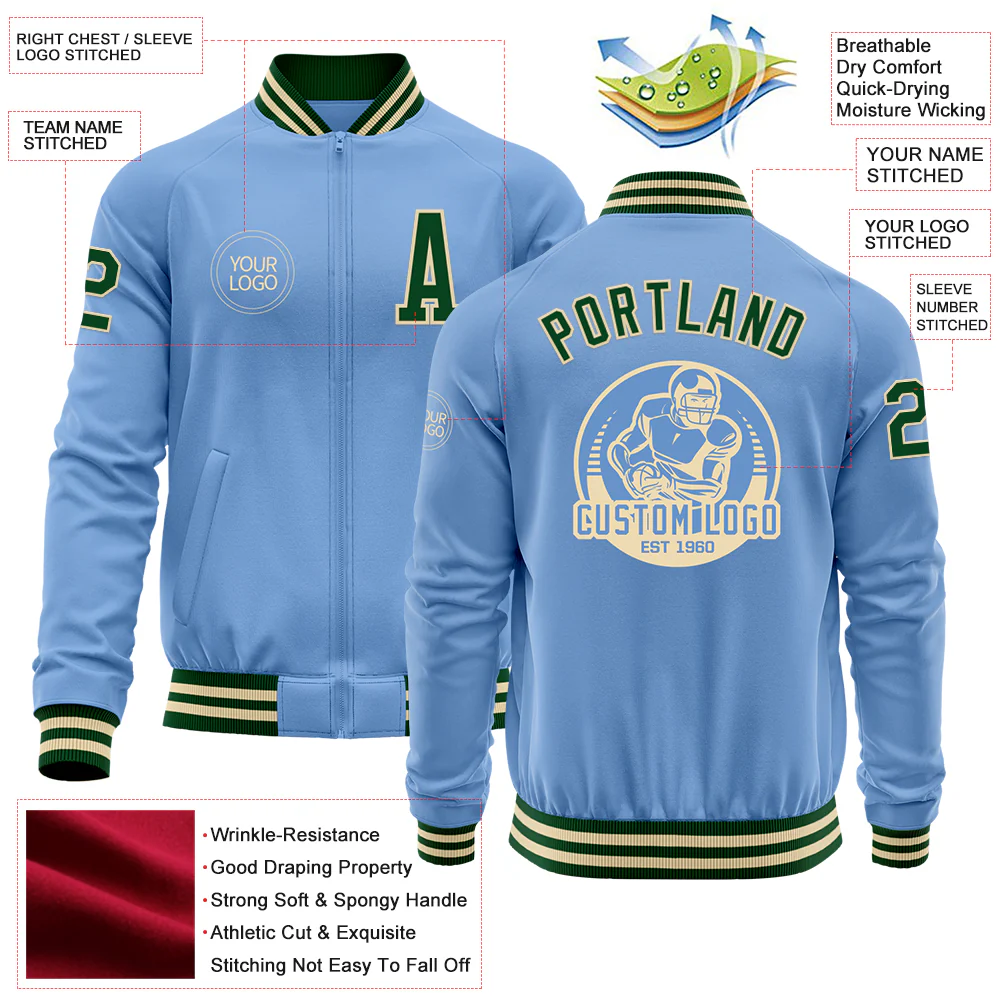 Custom Light Blue Green-Cream Bomber Varsity Letterman Zipper Jacket - Image 4