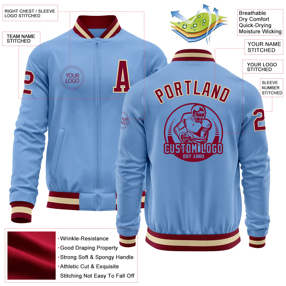 Custom Light Blue Maroon-Cream Bomber Varsity Letterman Zipper Jacket - Image 4