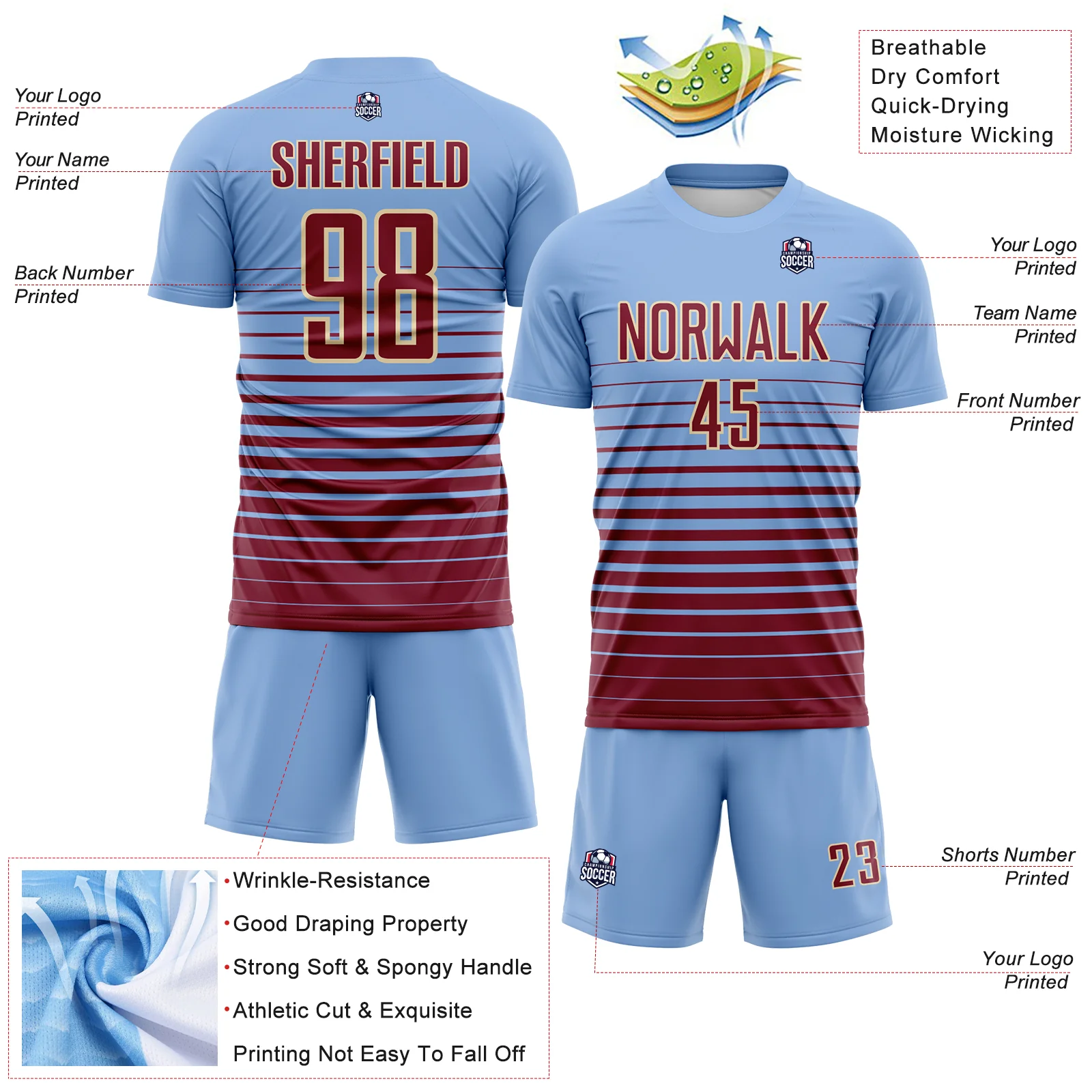 Custom Light Blue Crimson-Cream Gradient Pinstripe Sublimation Soccer Uniform Jersey - Image 4