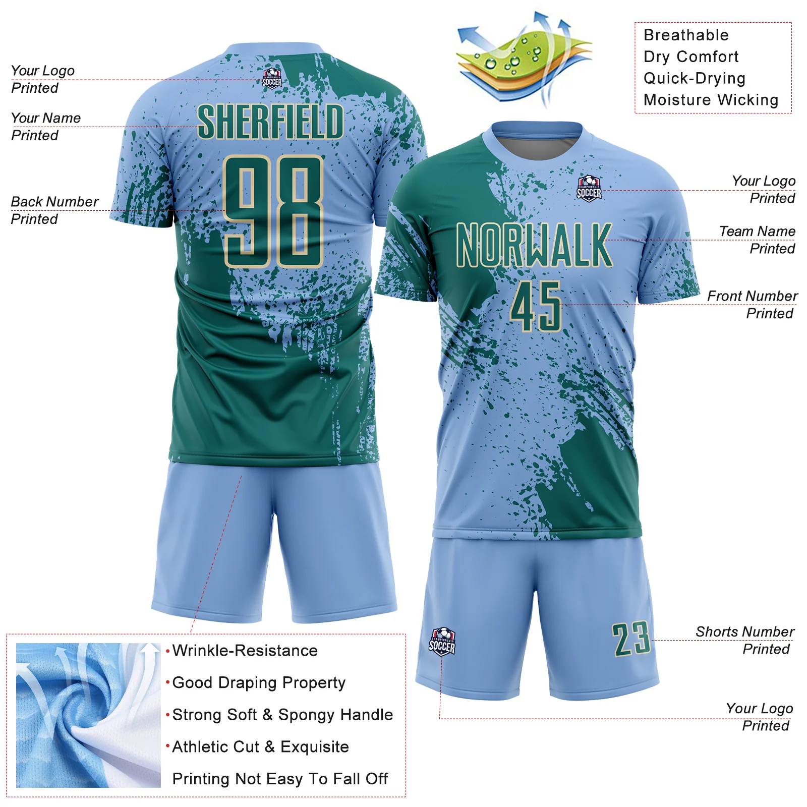 Custom Light Blue Teal-Cream Abstract Brush Stroke Sports Sublimation Soccer Uniform Jersey - Image 4