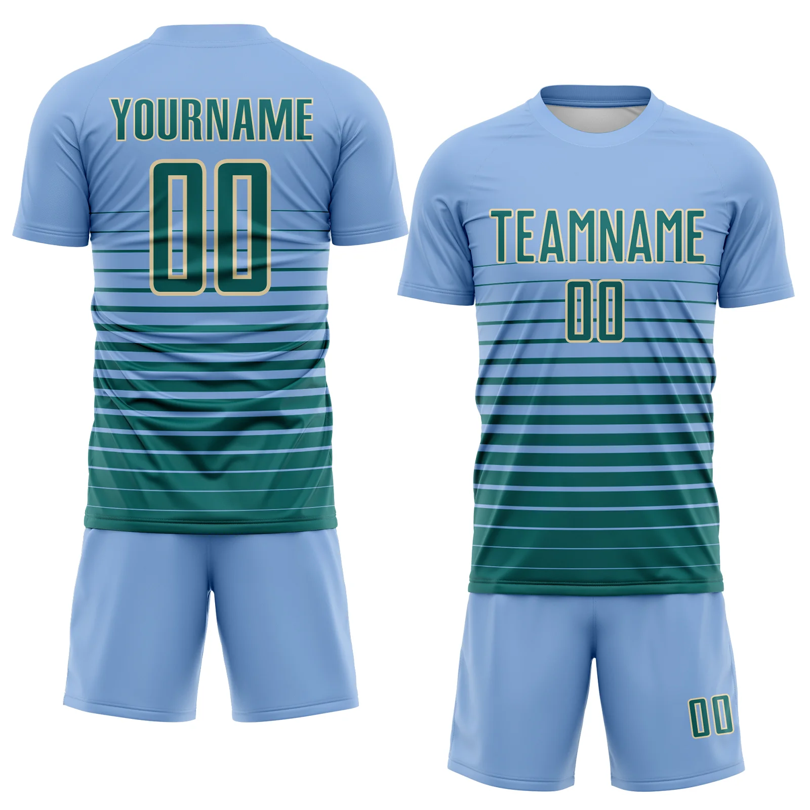 Custom Light Blue Teal-Cream Gradient Pinstripe Sublimation Soccer Uniform Jersey - Image 2