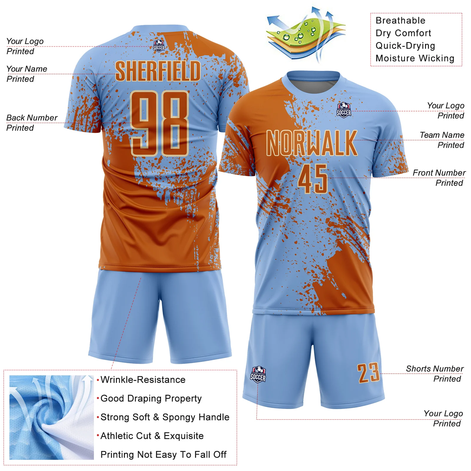 Custom Light Blue Texas Orange-Cream Abstract Brush Stroke Sports Sublimation Soccer Uniform Jersey - Image 4