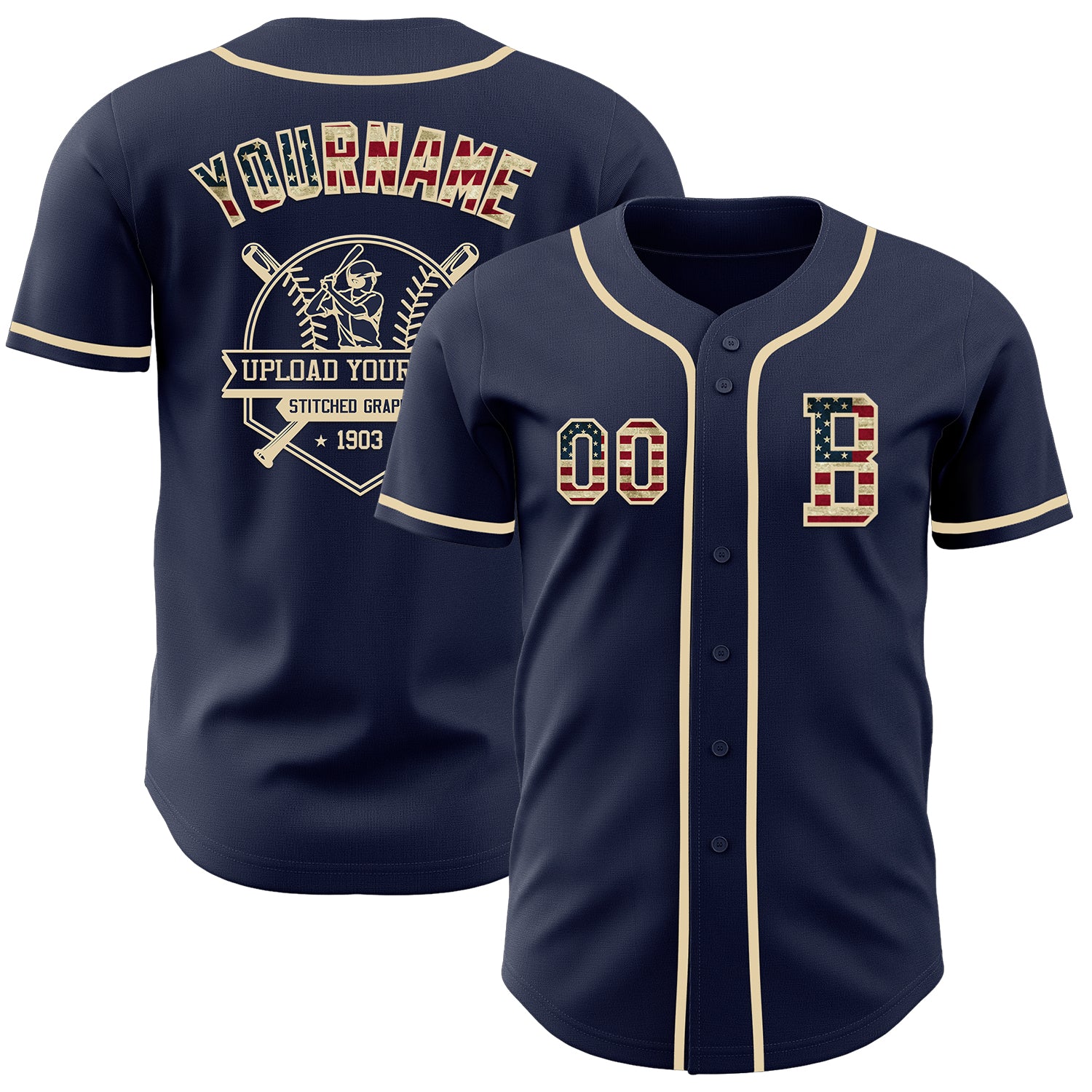 Custom Navy Vintage USA Flag-Cream Authentic Baseball Jersey - Image 5