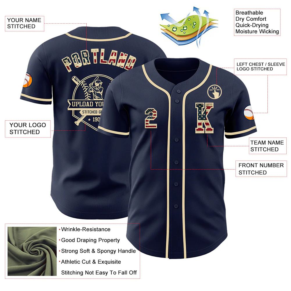 Custom Navy Vintage USA Flag-Cream Authentic Baseball Jersey - Image 6