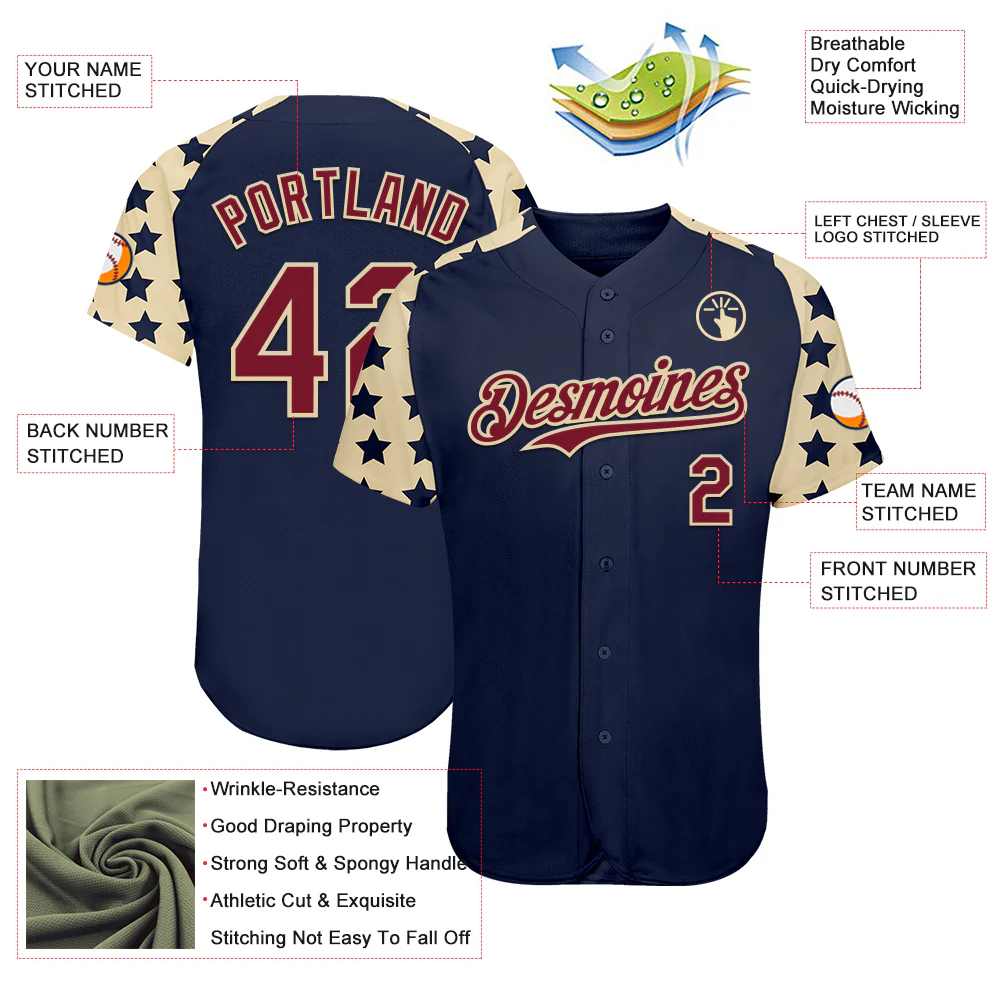Custom Navy Crimson-Cream Star Raglan Sleeves Authentic Baseball Jersey - Image 3