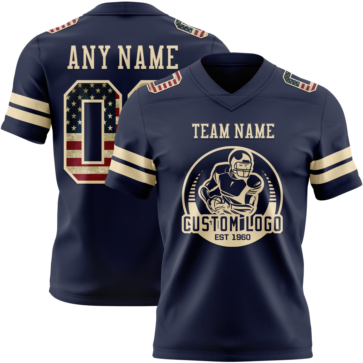 Custom Navy Vintage USA Flag-Cream Authentic Football Jersey - Image 2