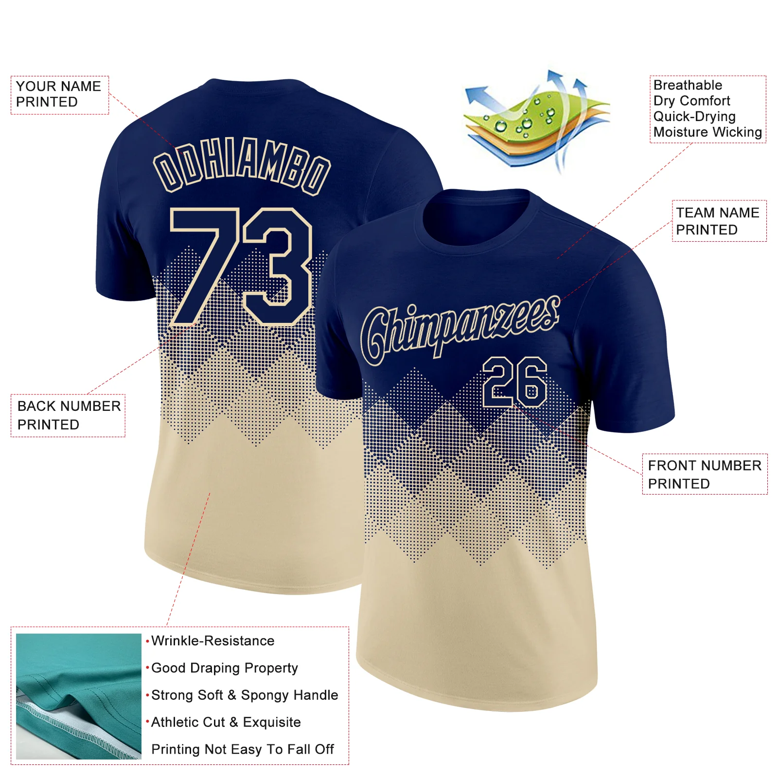 Custom Navy Cream 3D Pattern Design Gradient Square Shapes Performance T-Shirt - Image 2