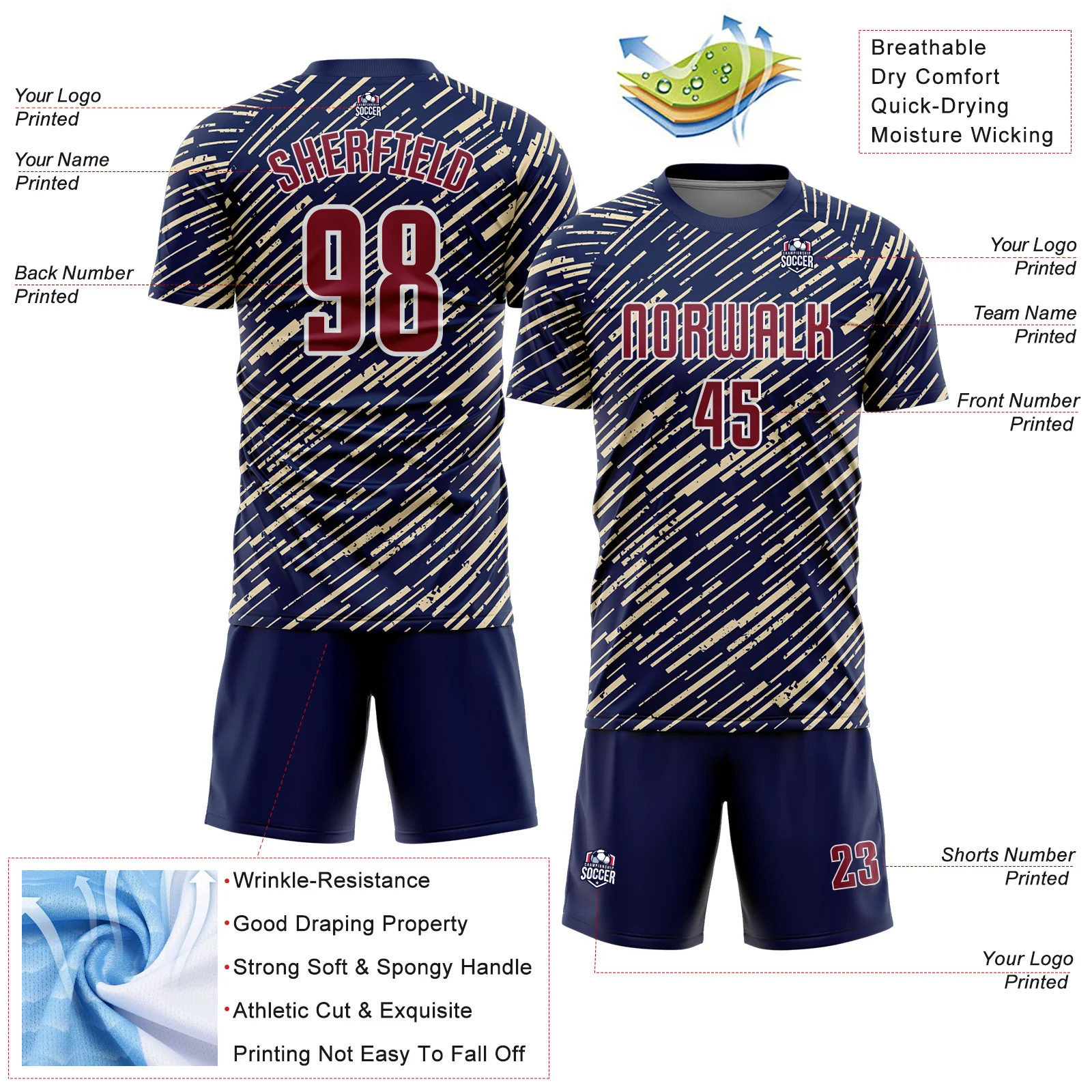 Custom Navy Crimson Cream-White Line Sports Sublimation Soccer Uniform Jersey - Image 4