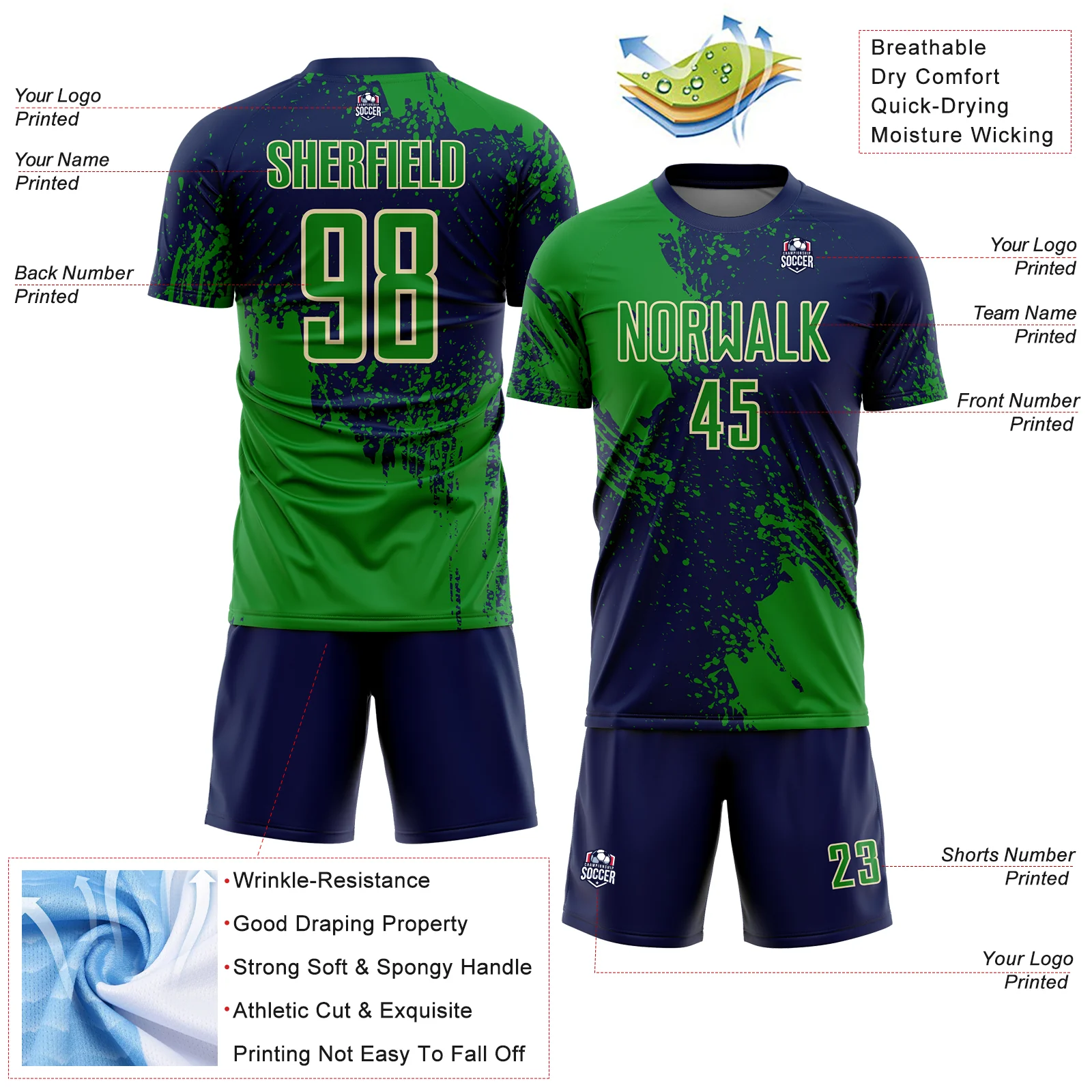 Custom Navy Grass Green-Cream Abstract Brush Stroke Sports Sublimation Soccer Uniform Jersey - Image 4