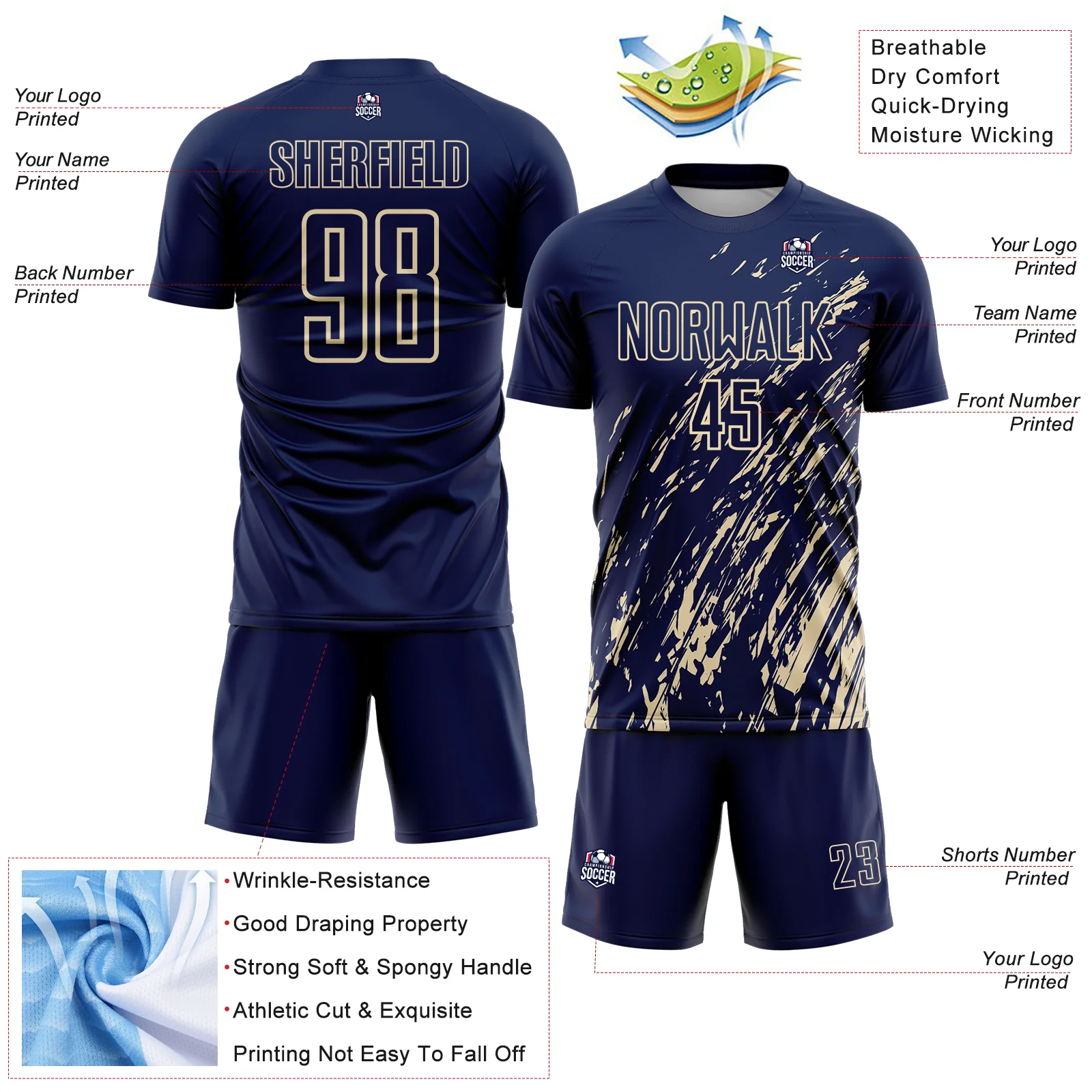 Custom Navy Cream Splash Sublimation Soccer Uniform Jersey - Image 4
