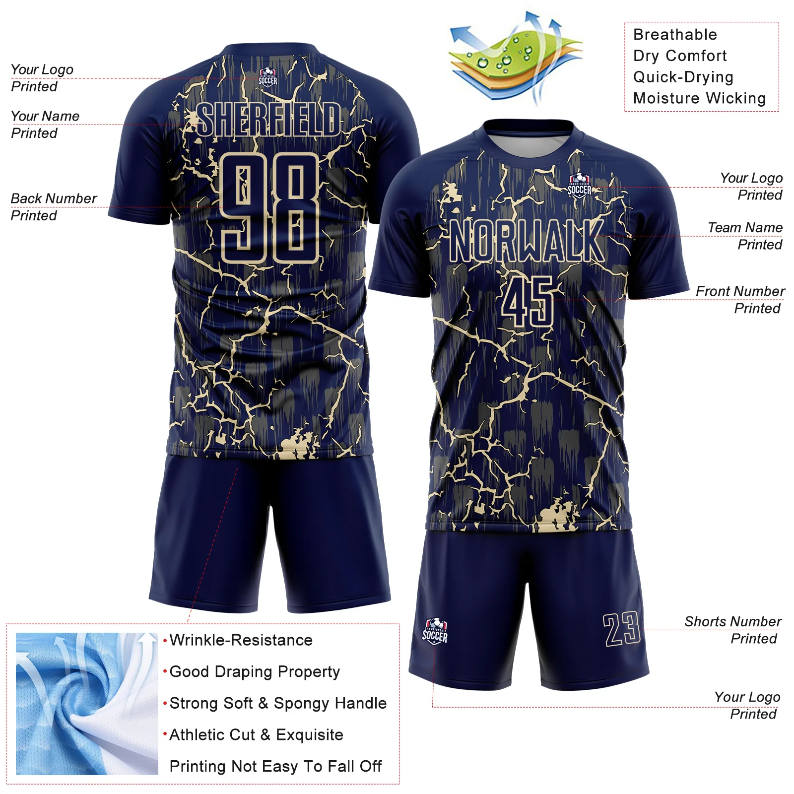 Custom Navy Cream Lightning Sublimation Soccer Uniform Jersey - Image 4