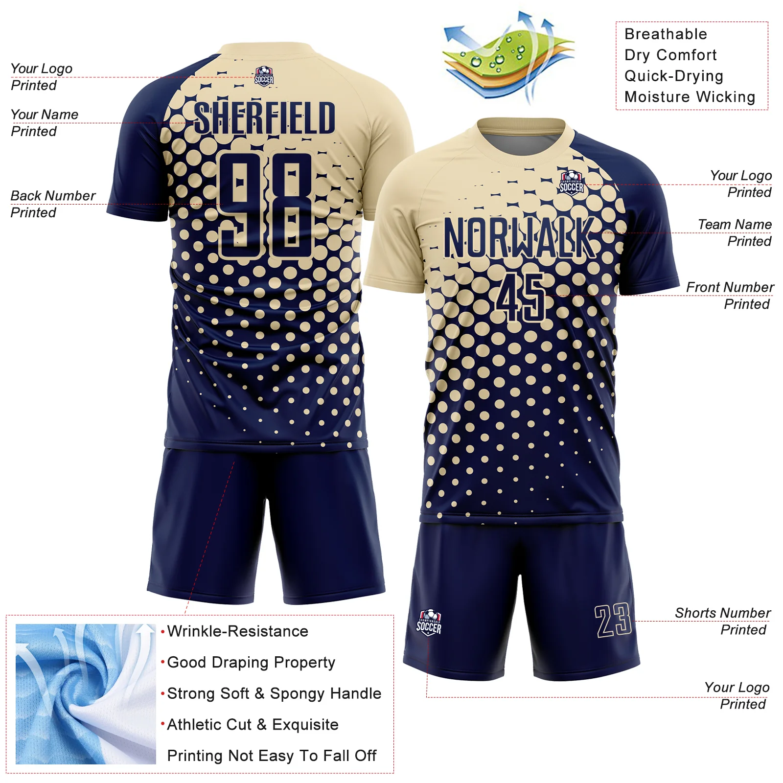 Custom Navy Cream Modern Polka Dot Sublimation Soccer Uniform Jersey - Image 4