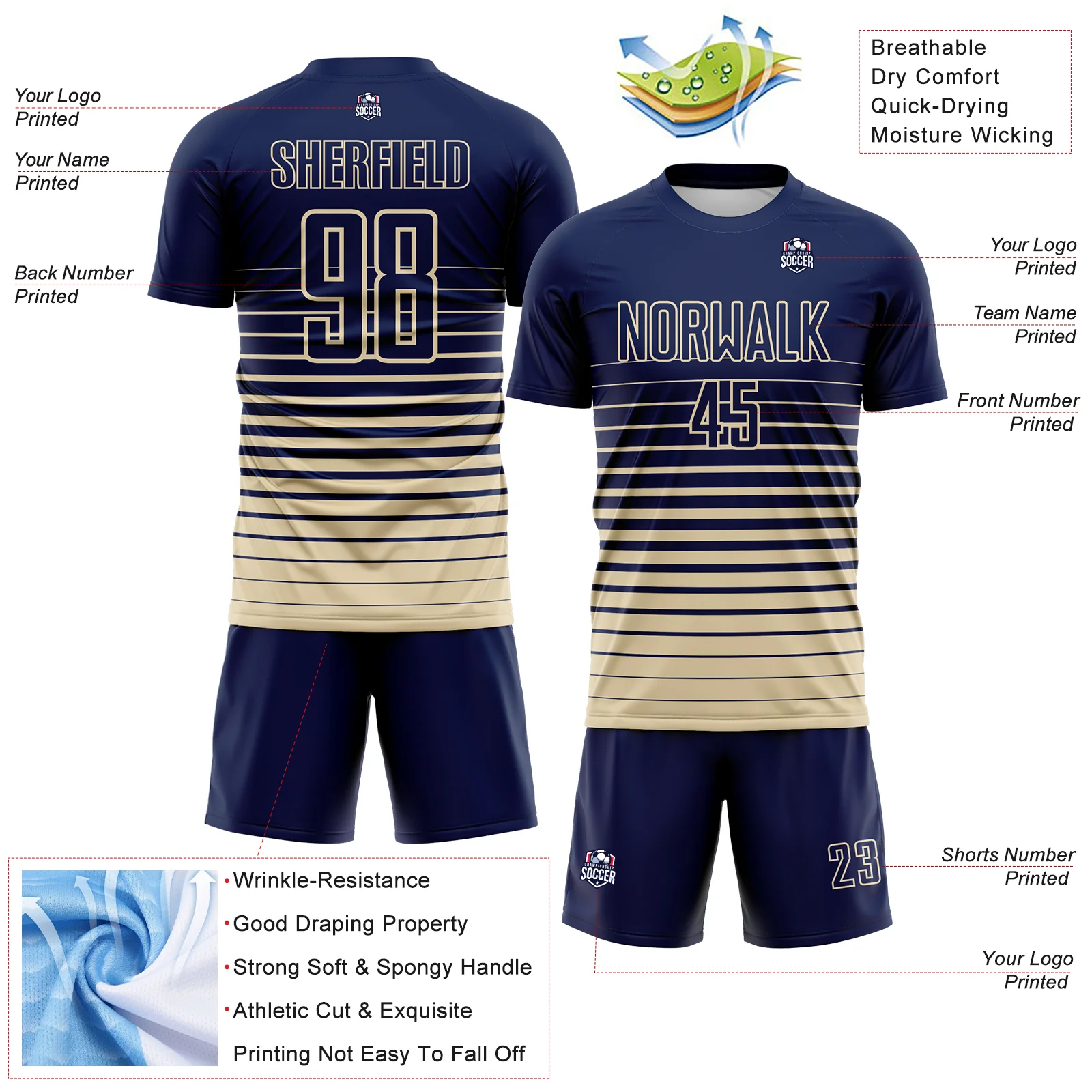 Custom Navy Cream Gradient Pinstripe Sublimation Soccer Uniform Jersey - Image 4