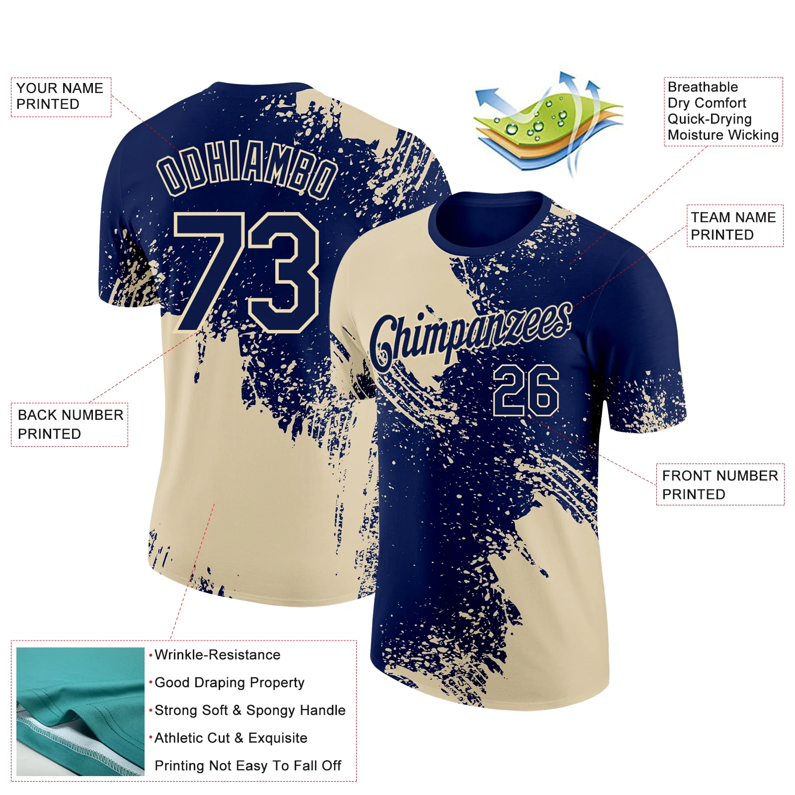Custom Navy Cream 3D Pattern Design Abstract Brush Stroke Performance T-Shirt - Image 2