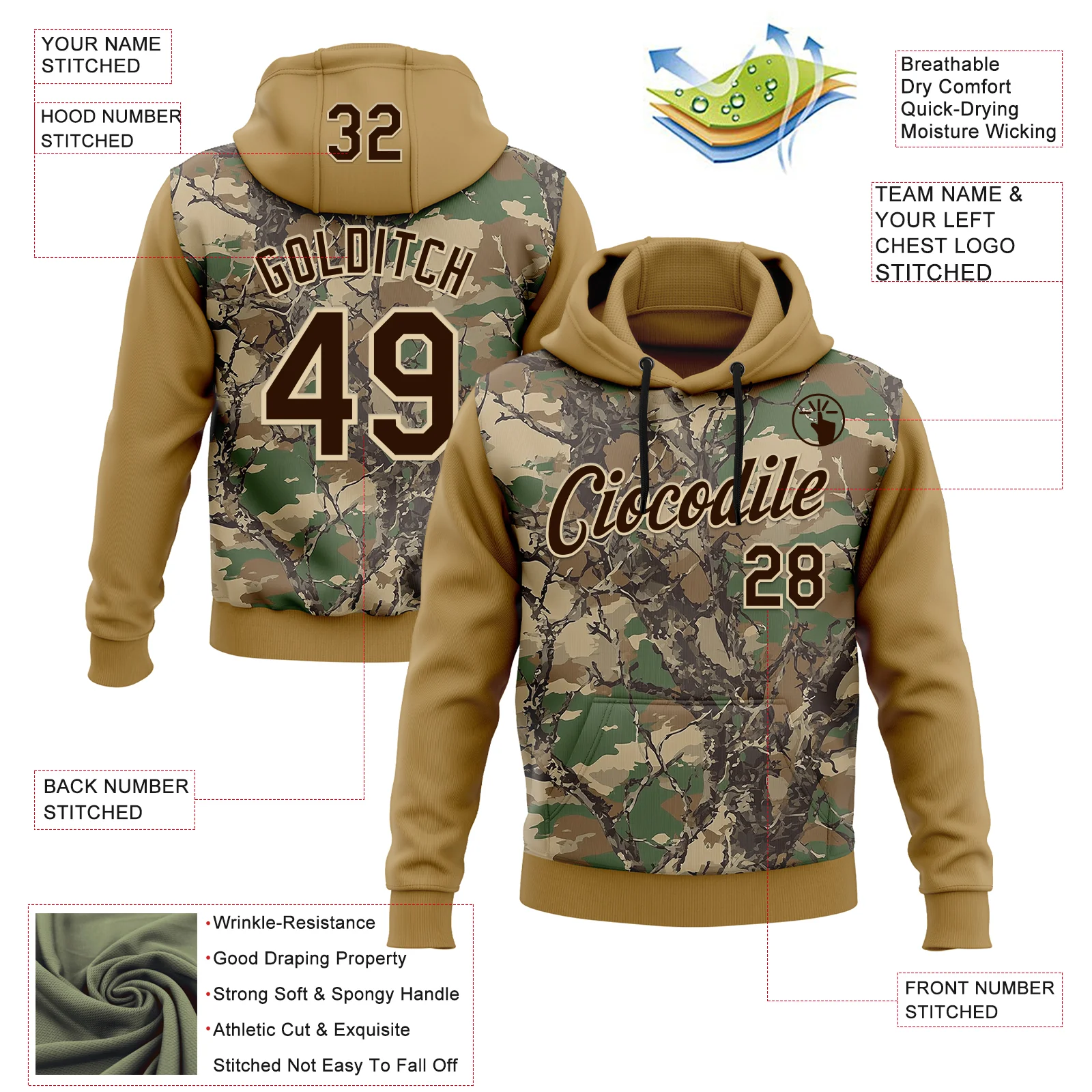 Custom Stitched Old Gold Brown-Cream 3D Pattern Design Tree Camo Hunting Sports Pullover Sweatshirt Hoodie - Image 2