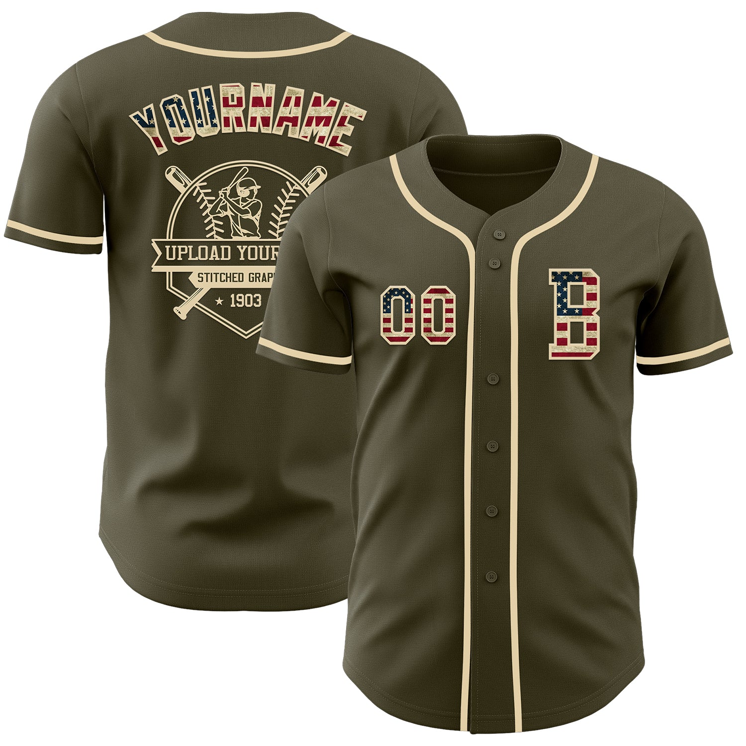 Custom Olive Vintage USA Flag-Cream Authentic Salute To Service Baseball Jersey - Image 5