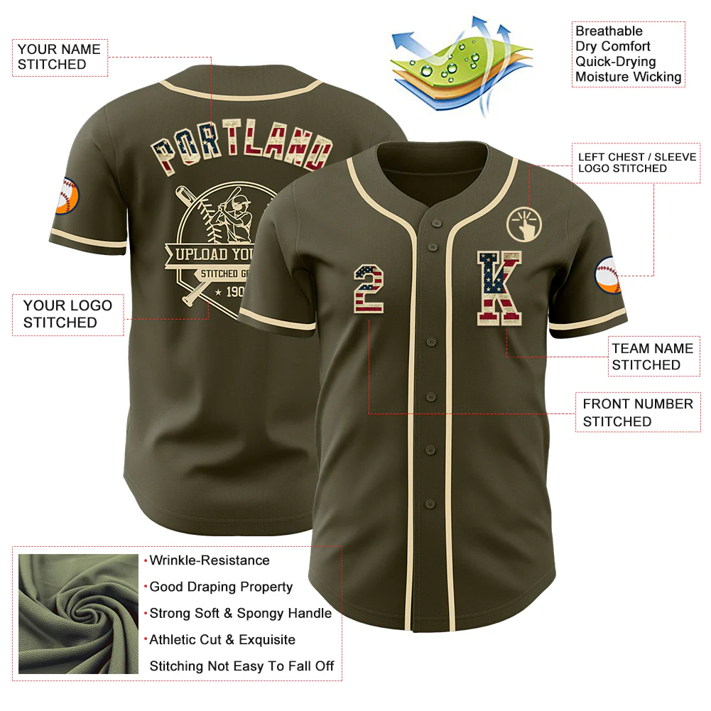 Custom Olive Vintage USA Flag-Cream Authentic Salute To Service Baseball Jersey - Image 6