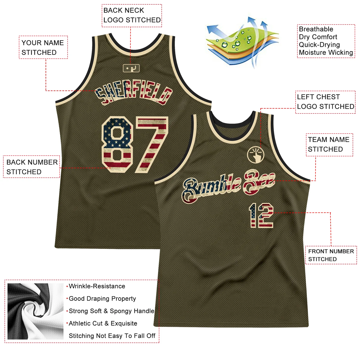 Custom Olive Vintage USA Flag Cream-Black Authentic Throwback Salute To Service Basketball Jersey - Image 2
