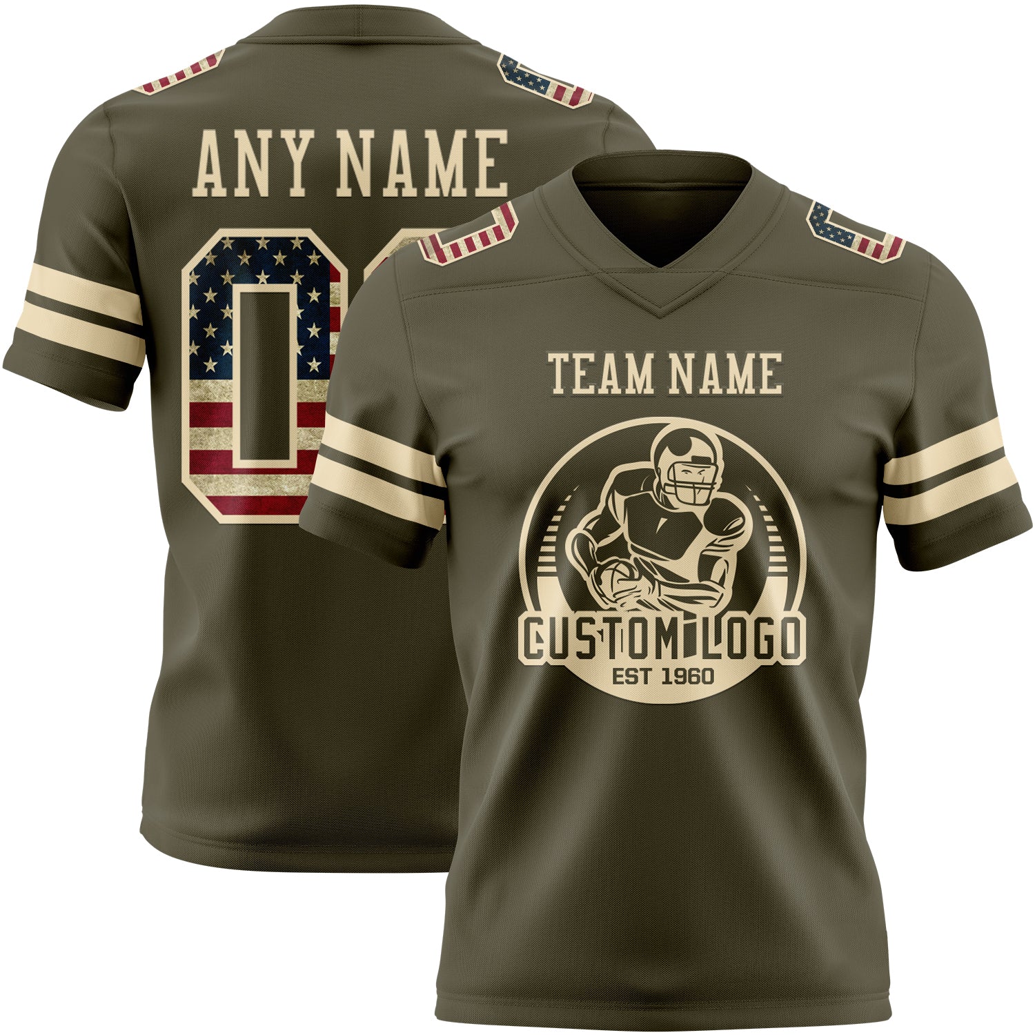 Custom Olive Vintage USA Flag-Cream Authentic Salute To Service Football Jersey - Image 2