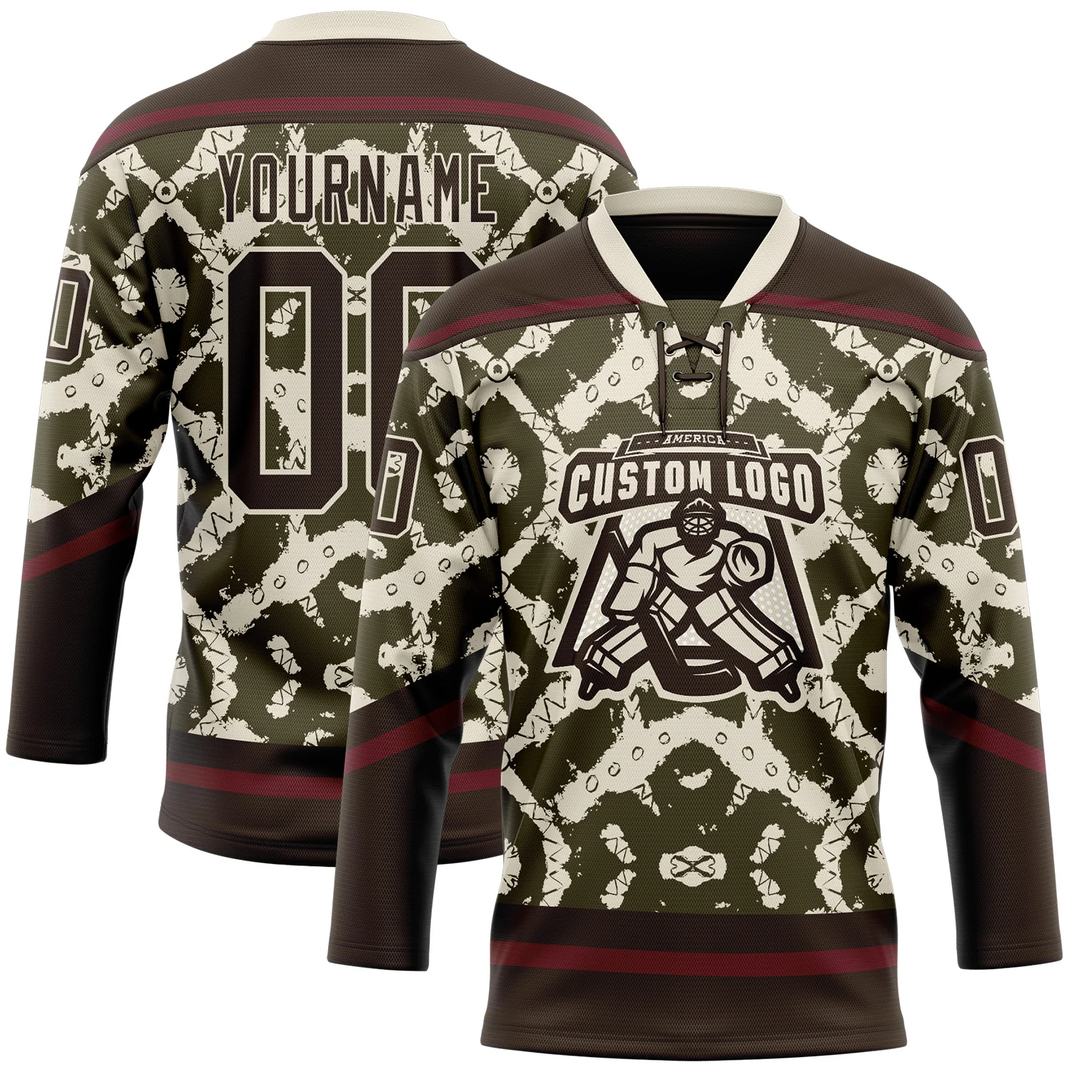 Custom Olive Brown Cream-Burgundy Tribal Indigenous Grunge Splash Hockey Lace Neck Jersey - Image 2