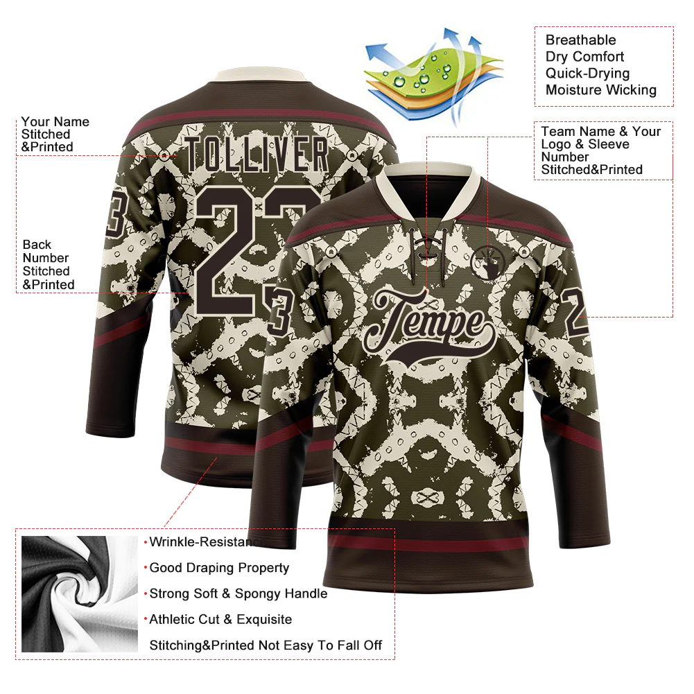 Custom Olive Brown Cream-Burgundy Tribal Indigenous Grunge Splash Hockey Lace Neck Jersey - Image 5