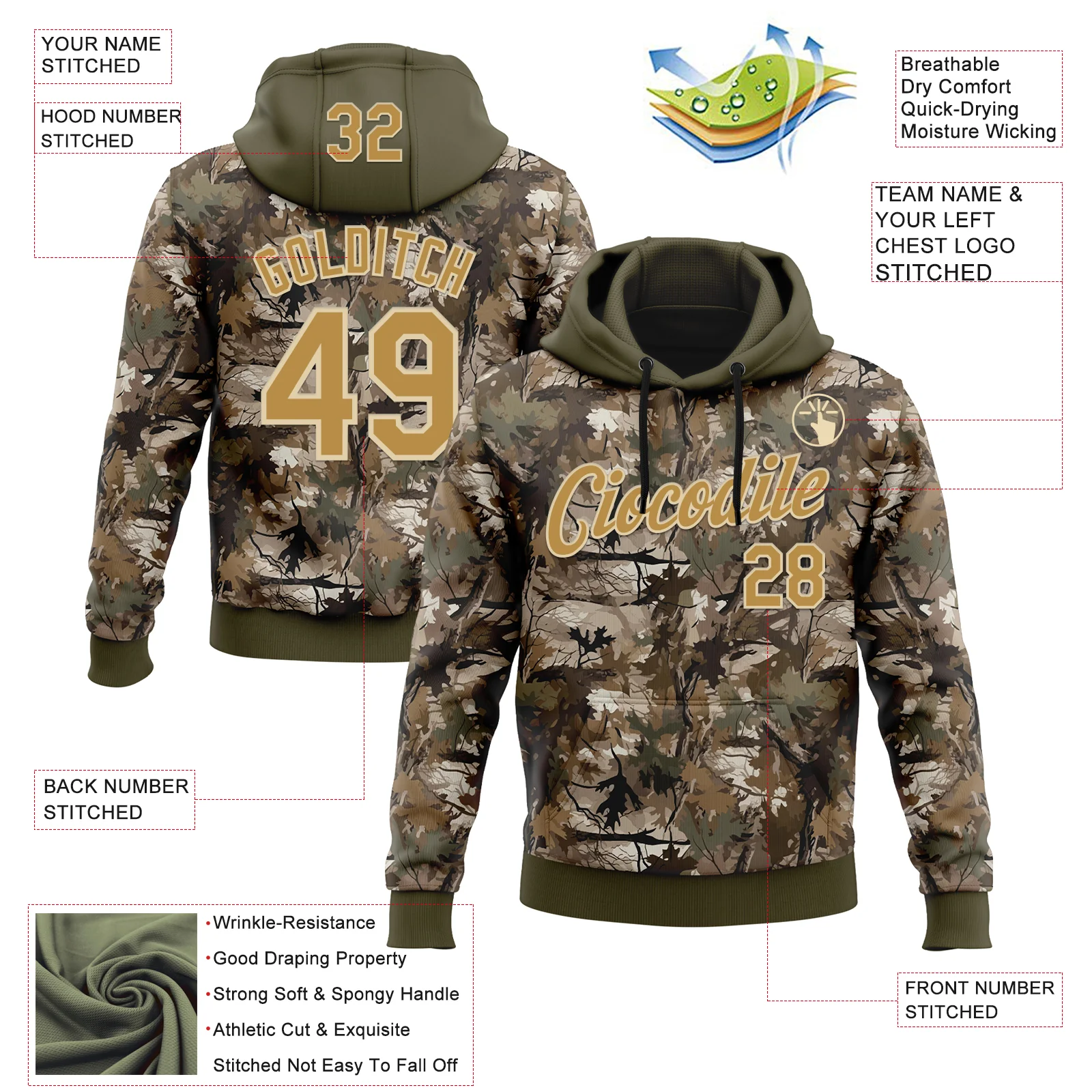 Custom Stitched Olive Old Gold-Cream 3D Pattern Design Tree Camo Hunting Sports Pullover Sweatshirt Salute To Service Hoodie - Image 2