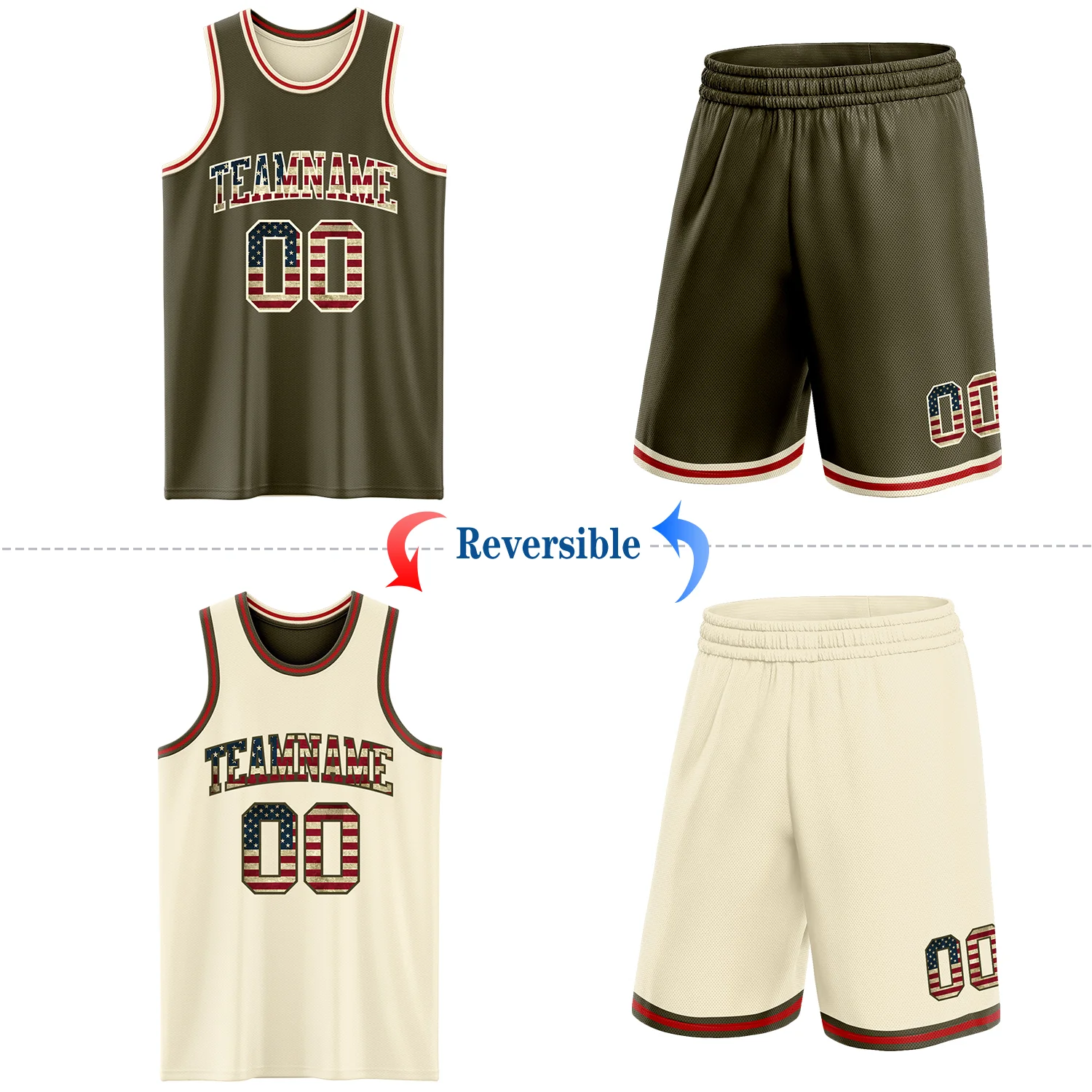 Custom Reversible Olive Vintage USA Flag Cream-Red Double Side Salute To Service Sublimation Basketball Suit Jersey - Image 2