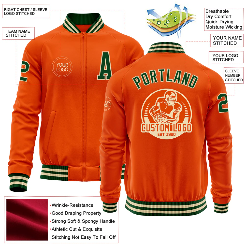 Custom Orange Green-Cream Bomber Varsity Letterman Zipper Jacket - Image 4