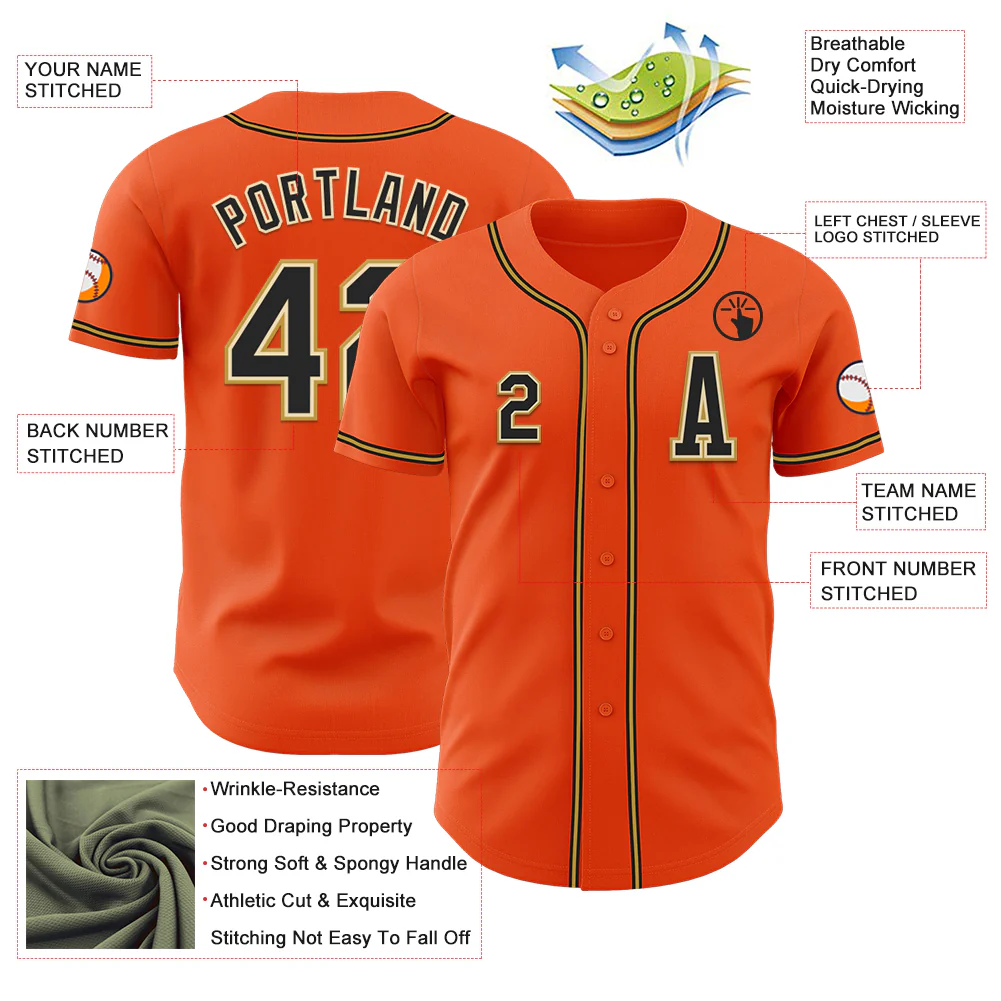 Custom Orange Black Cream-Old Gold Authentic Baseball Jersey - Image 2