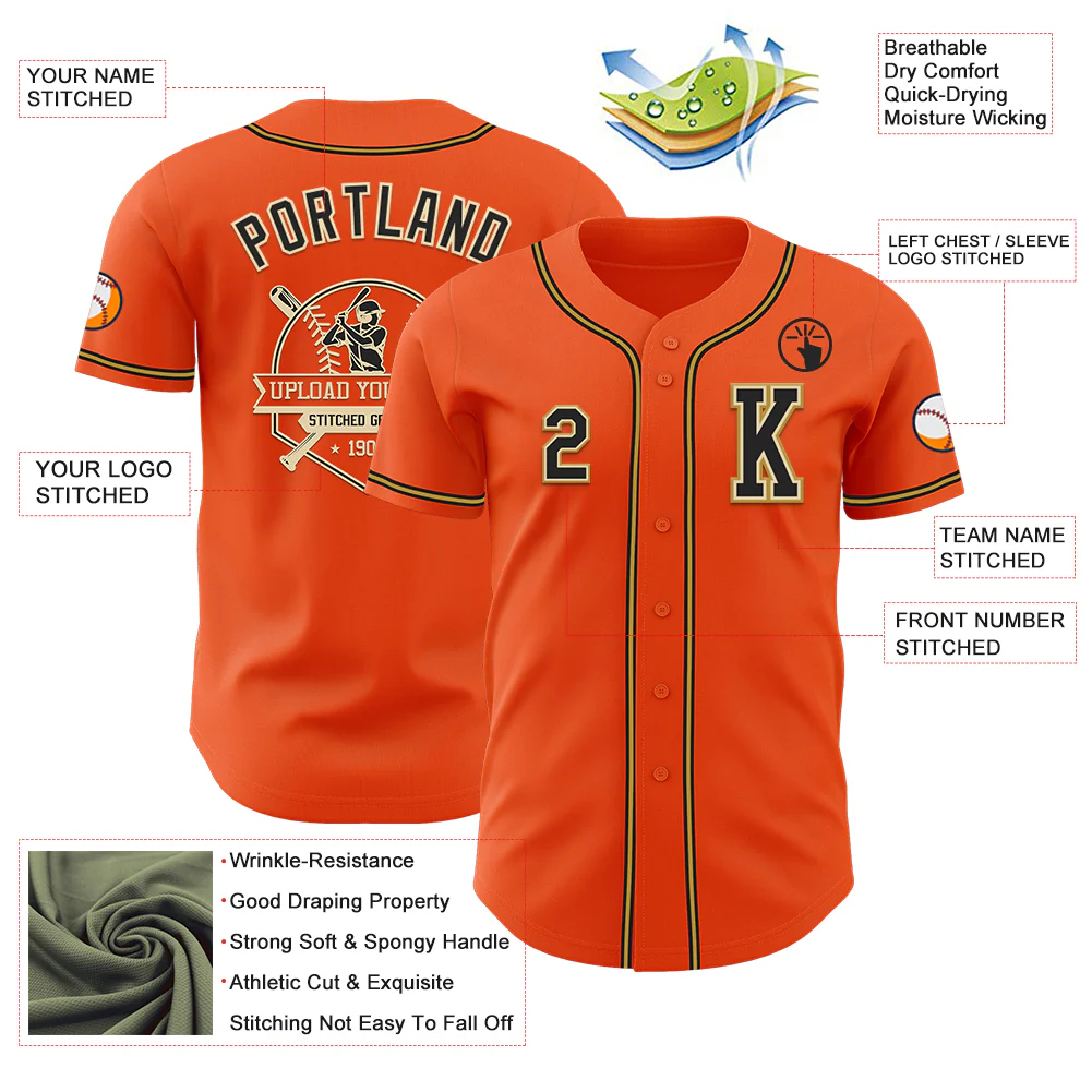 Custom Orange Black Cream-Old Gold Authentic Baseball Jersey - Image 6