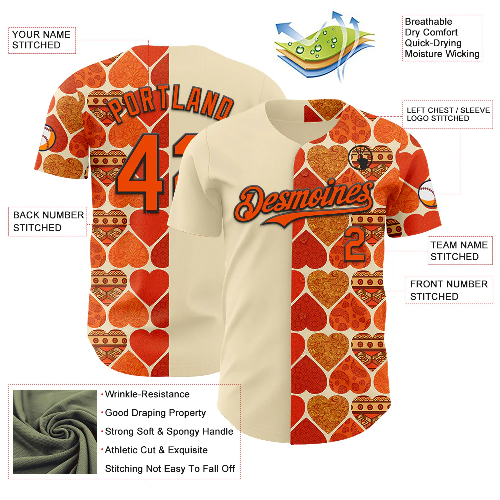 Custom Orange Cream-Black Valentine's Day Love Heart Authentic Baseball Jersey - Image 3