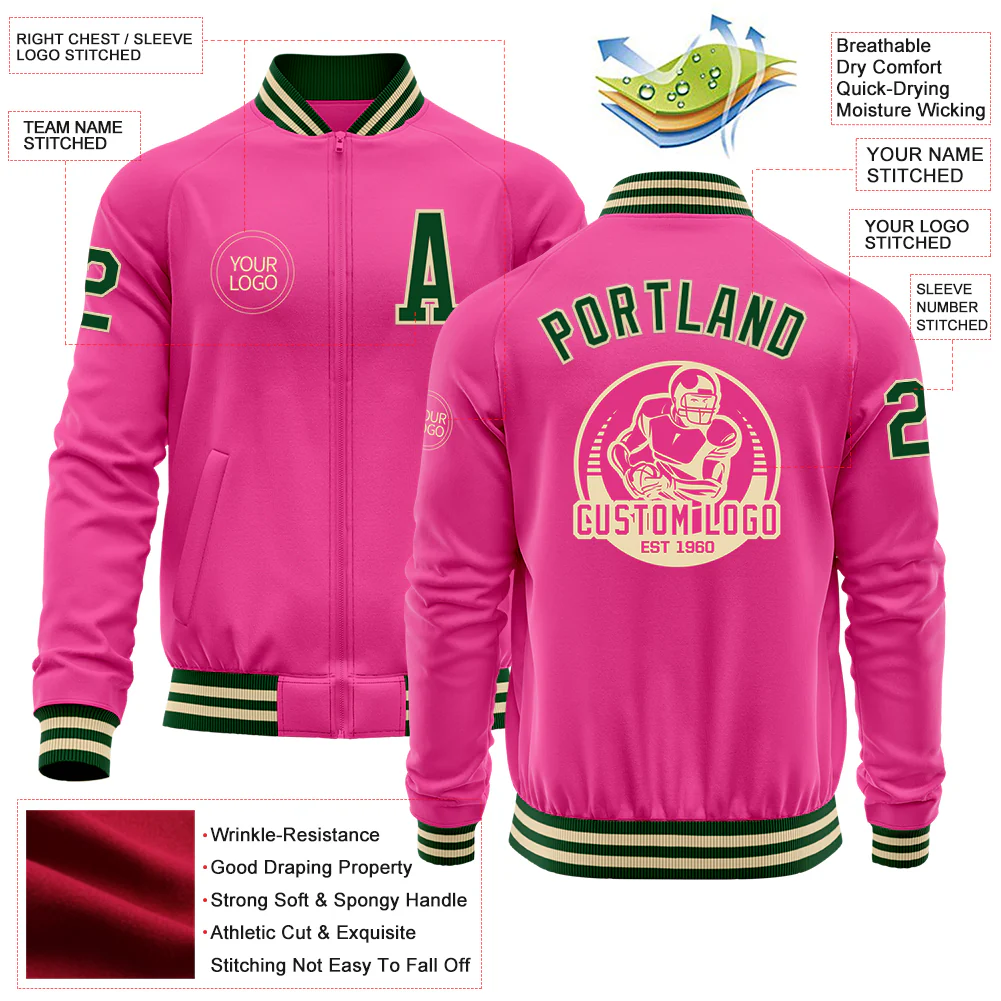 Custom Pink Green-Cream Bomber Varsity Letterman Zipper Jacket - Image 4