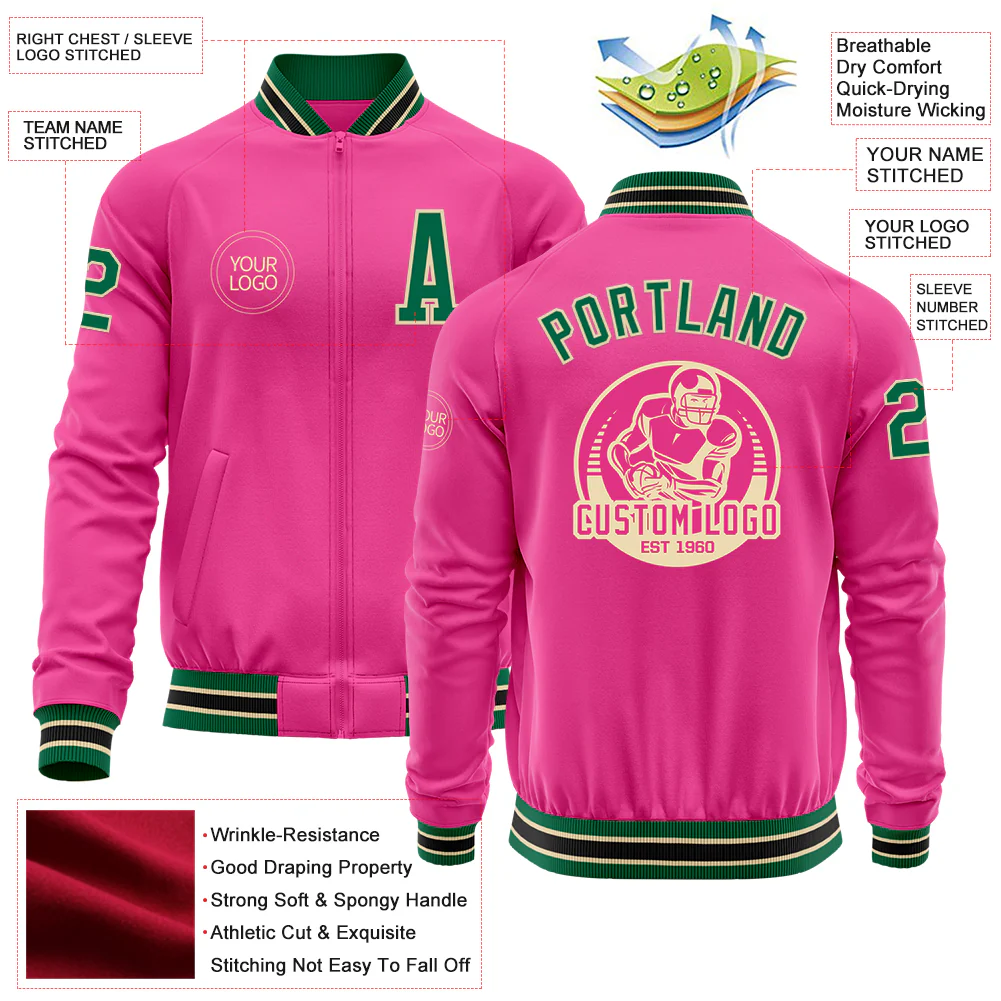 Custom Pink Kelly Green Cream-Black Bomber Varsity Letterman Zipper Jacket - Image 4
