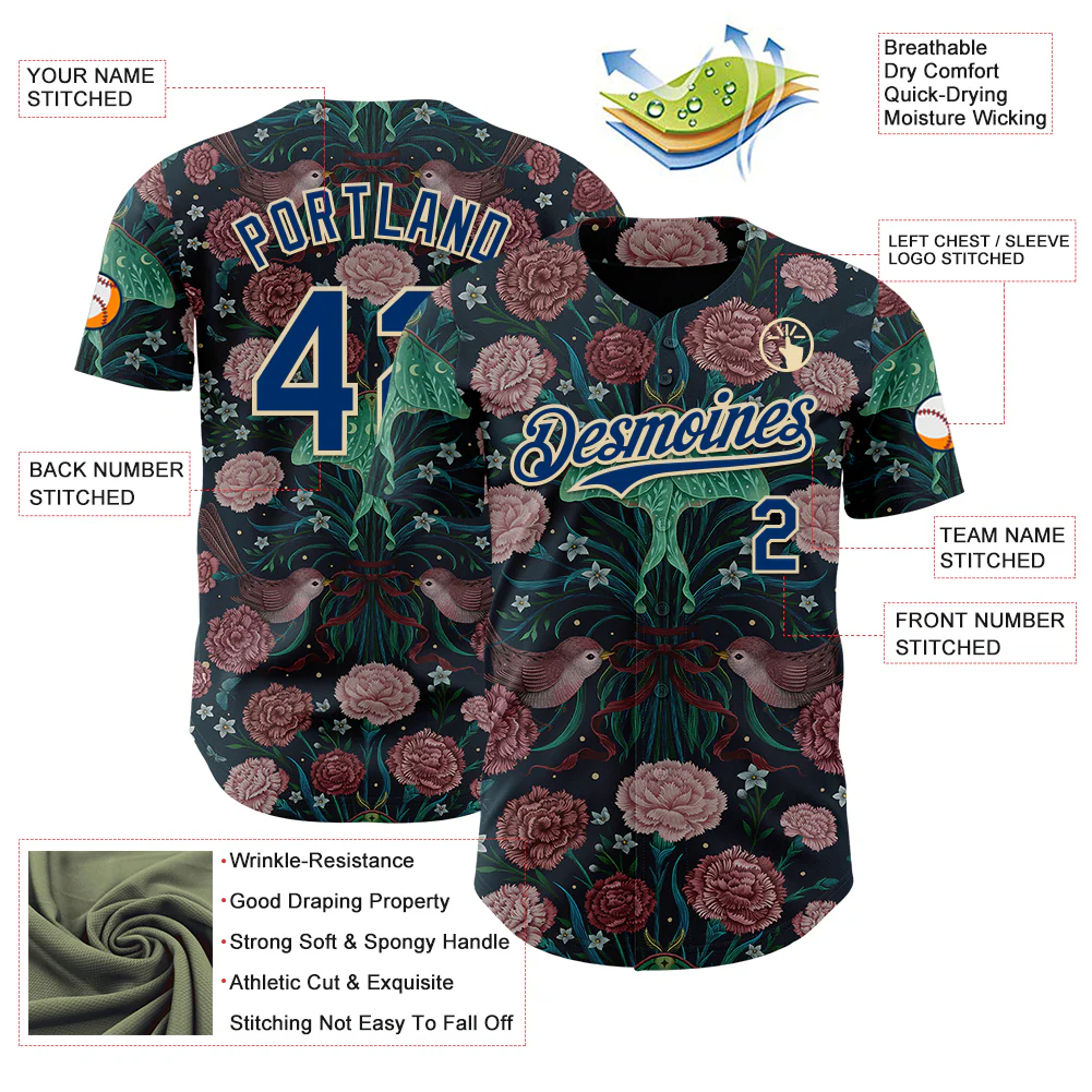Custom Pink US Navy Blue-Cream Episodic Drawing Carnation Authentic Baseball Jersey - Image 3