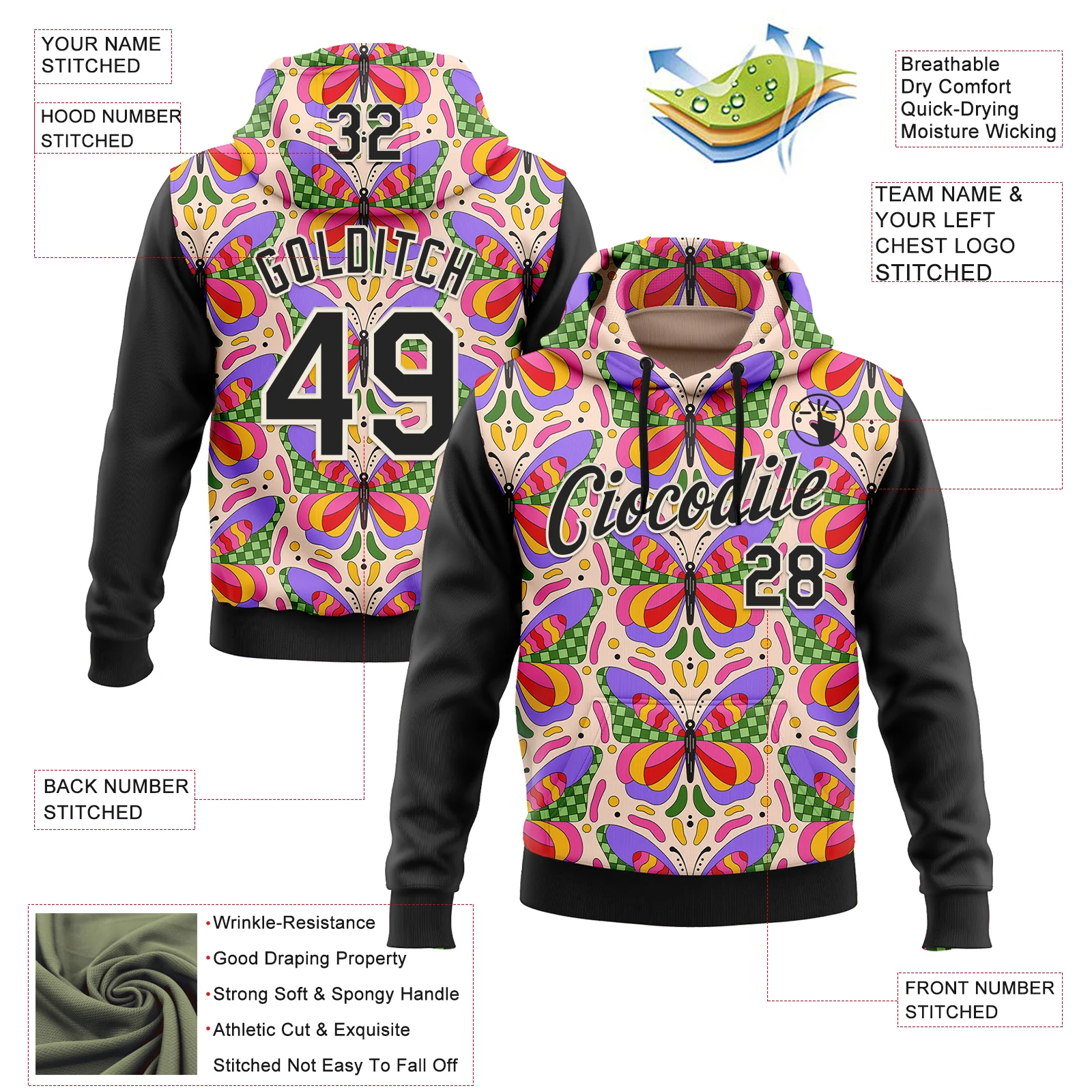 Custom Stitched Pink Black-Cream 3D Ambartive Butterfly Pattern Sports Pullover Sweatshirt Hoodie - Image 2