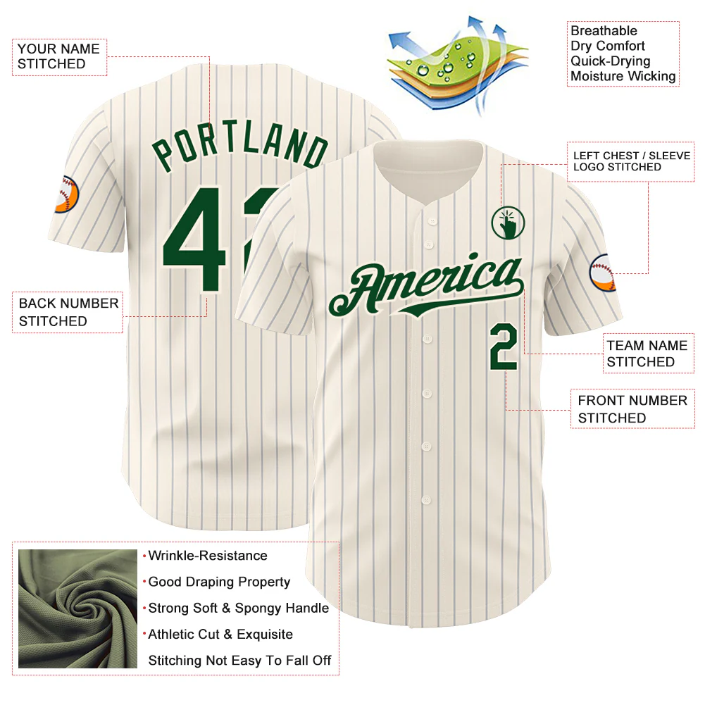 Custom Cream Gray Pinstripe Green Authentic Baseball Jersey - Image 3