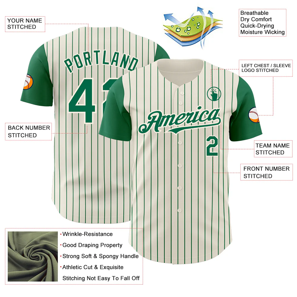Custom Cream Kelly Green Pinstripe Kelly Green Authentic Two Tone Baseball Jersey - Image 3
