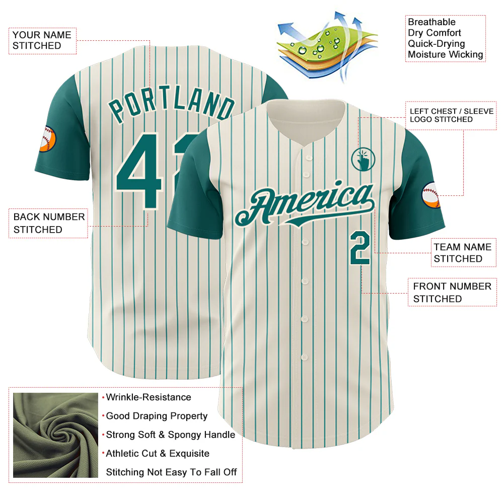 Custom Cream Teal Pinstripe Teal Authentic Two Tone Baseball Jersey - Image 3