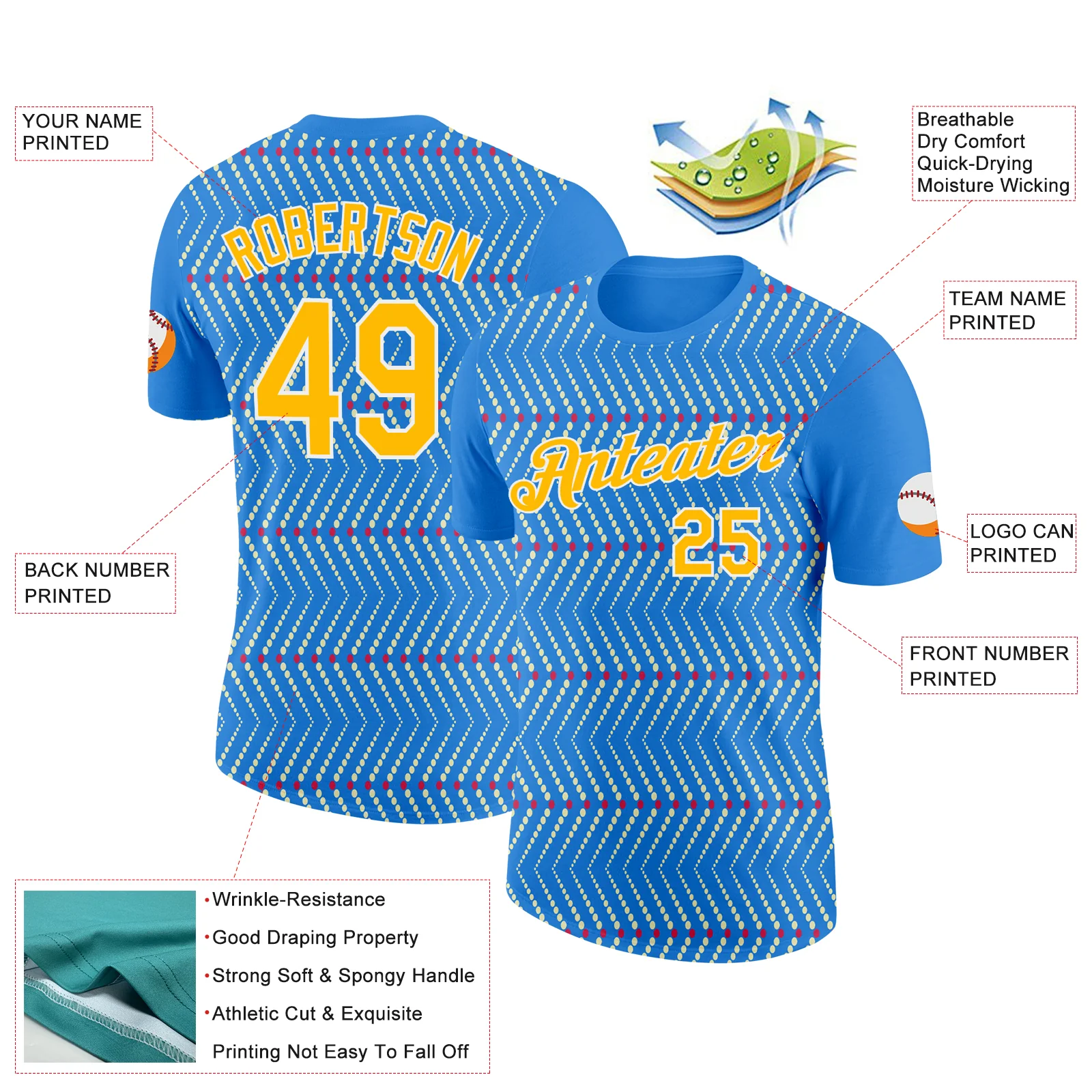 Custom Powder Blue Gold Cream Red-White 3D Esports Performance T-Shirt - Image 2