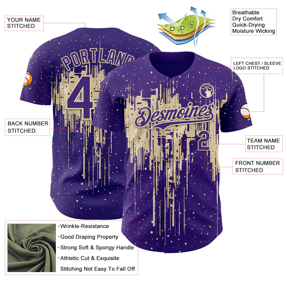 Custom Purple Cream Dripping Splatter Paint Authentic Baseball Jersey - Image 3