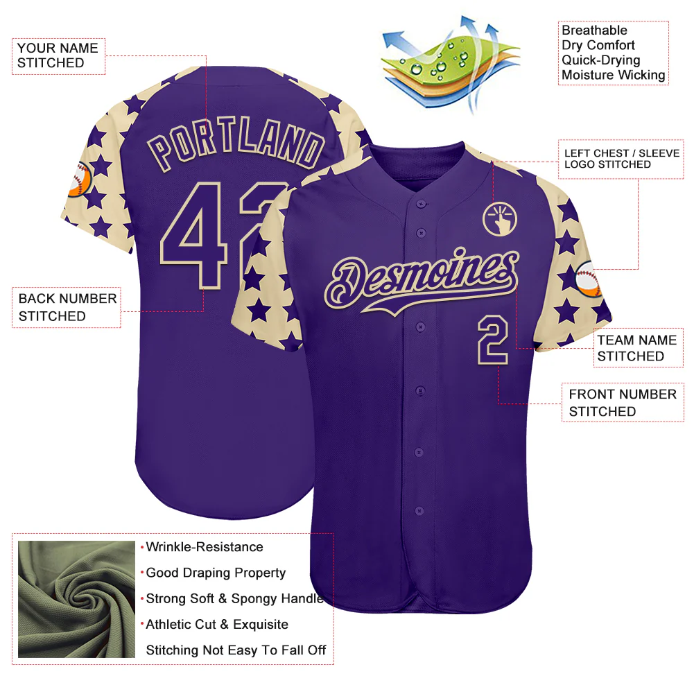 Custom Purple Cream Star Raglan Sleeves Authentic Baseball Jersey - Image 3