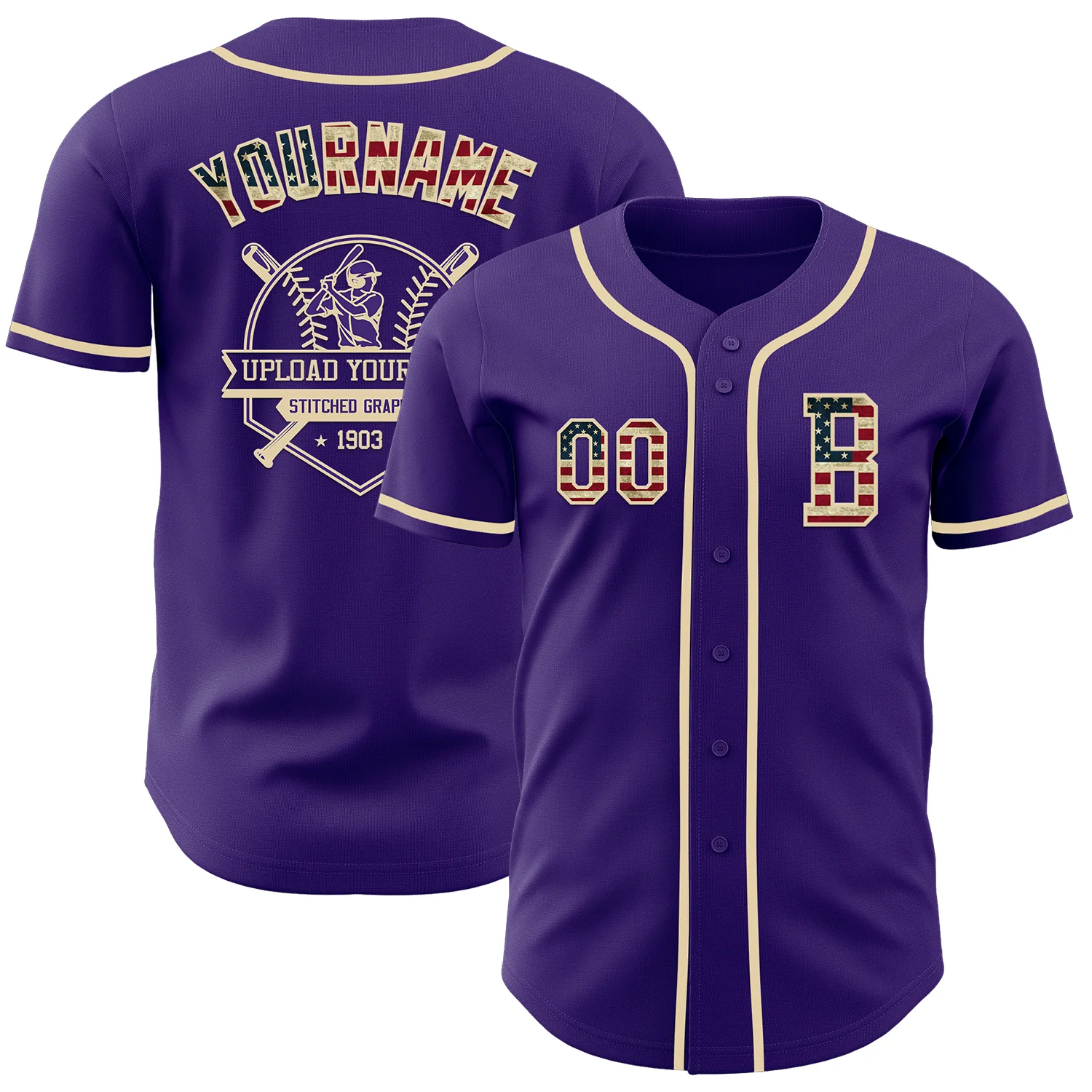 Custom Purple Vintage USA Flag-Cream Authentic Baseball Jersey - Image 5