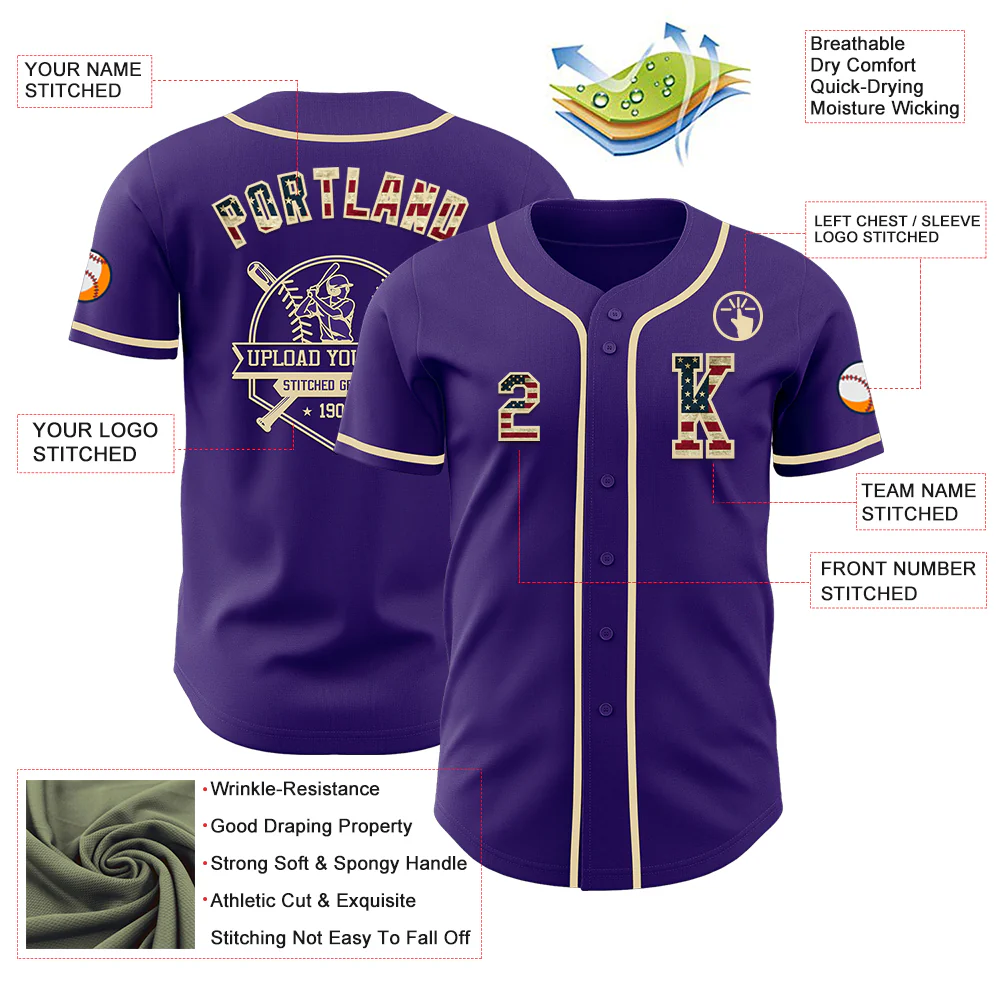 Custom Purple Vintage USA Flag-Cream Authentic Baseball Jersey - Image 6