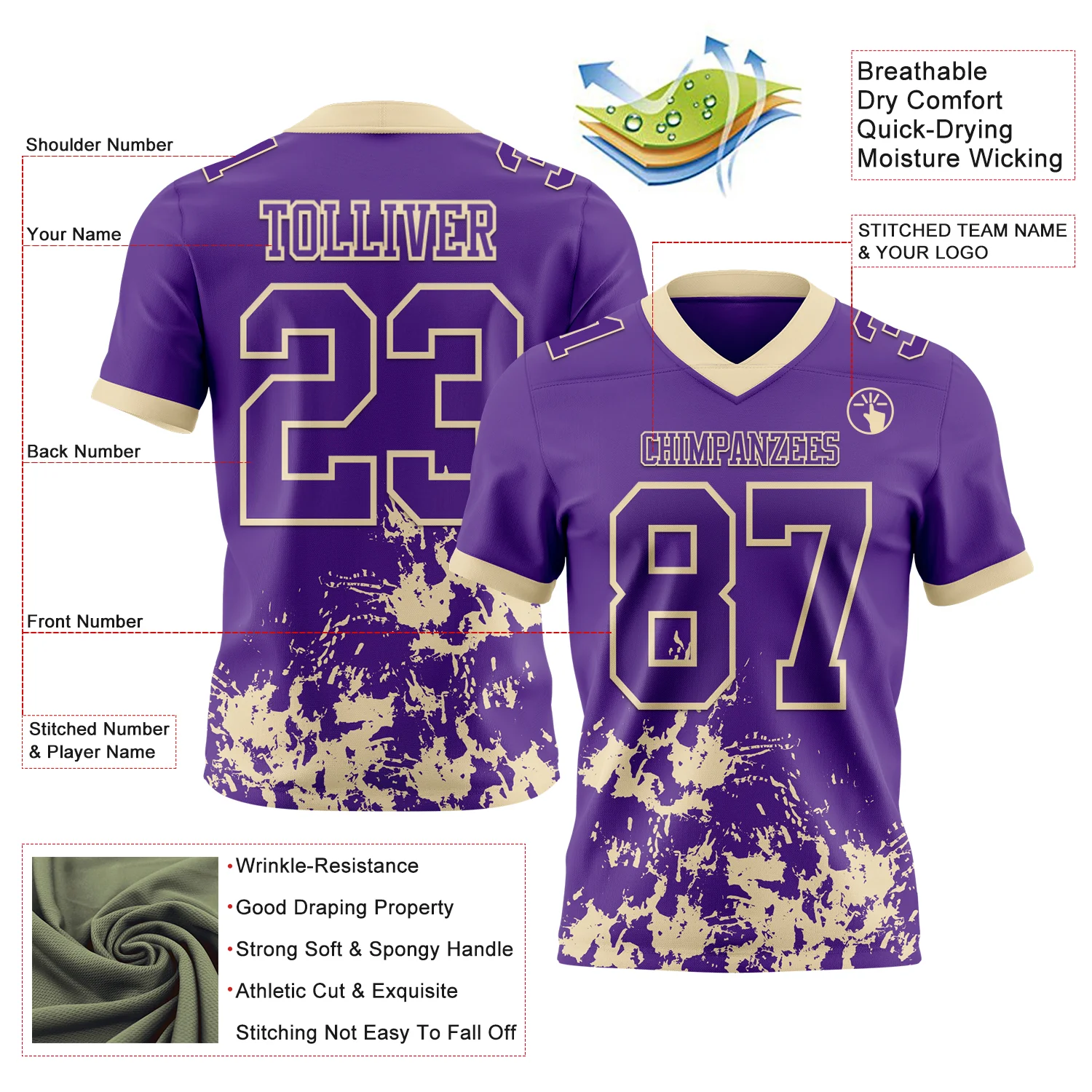 Custom Purple White-Cream 3D Pattern Splash Authentic Football Jersey - Image 2