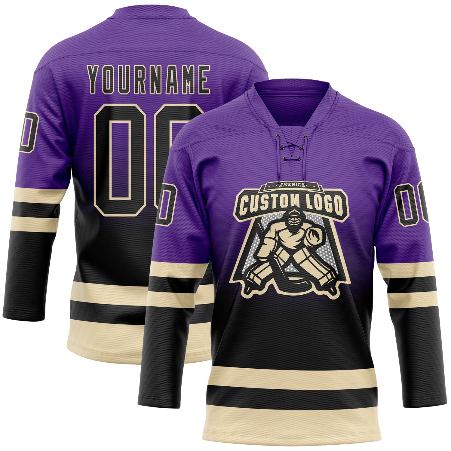 Custom Purple Black-Cream Fade Fashion Hockey Lace Neck Jersey - Image 2