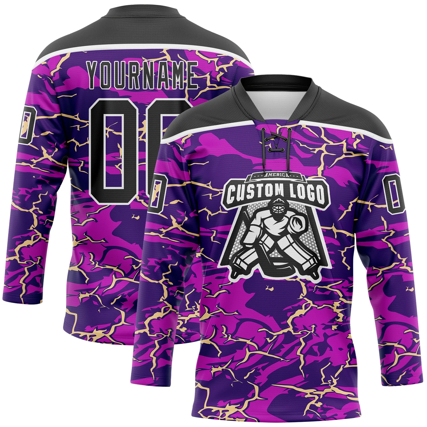Custom Purple Black Cream-White Lightning Hockey Lace Neck Jersey - Image 2