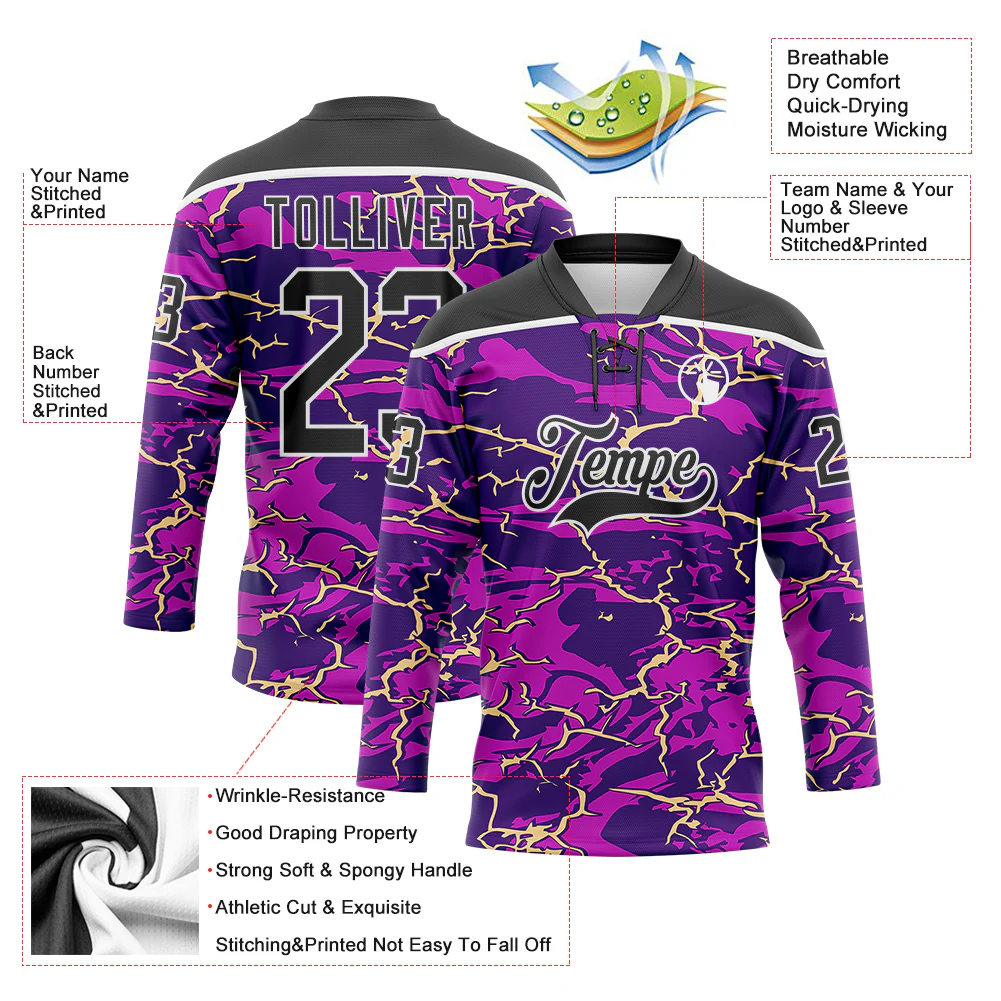 Custom Purple Black Cream-White Lightning Hockey Lace Neck Jersey - Image 5