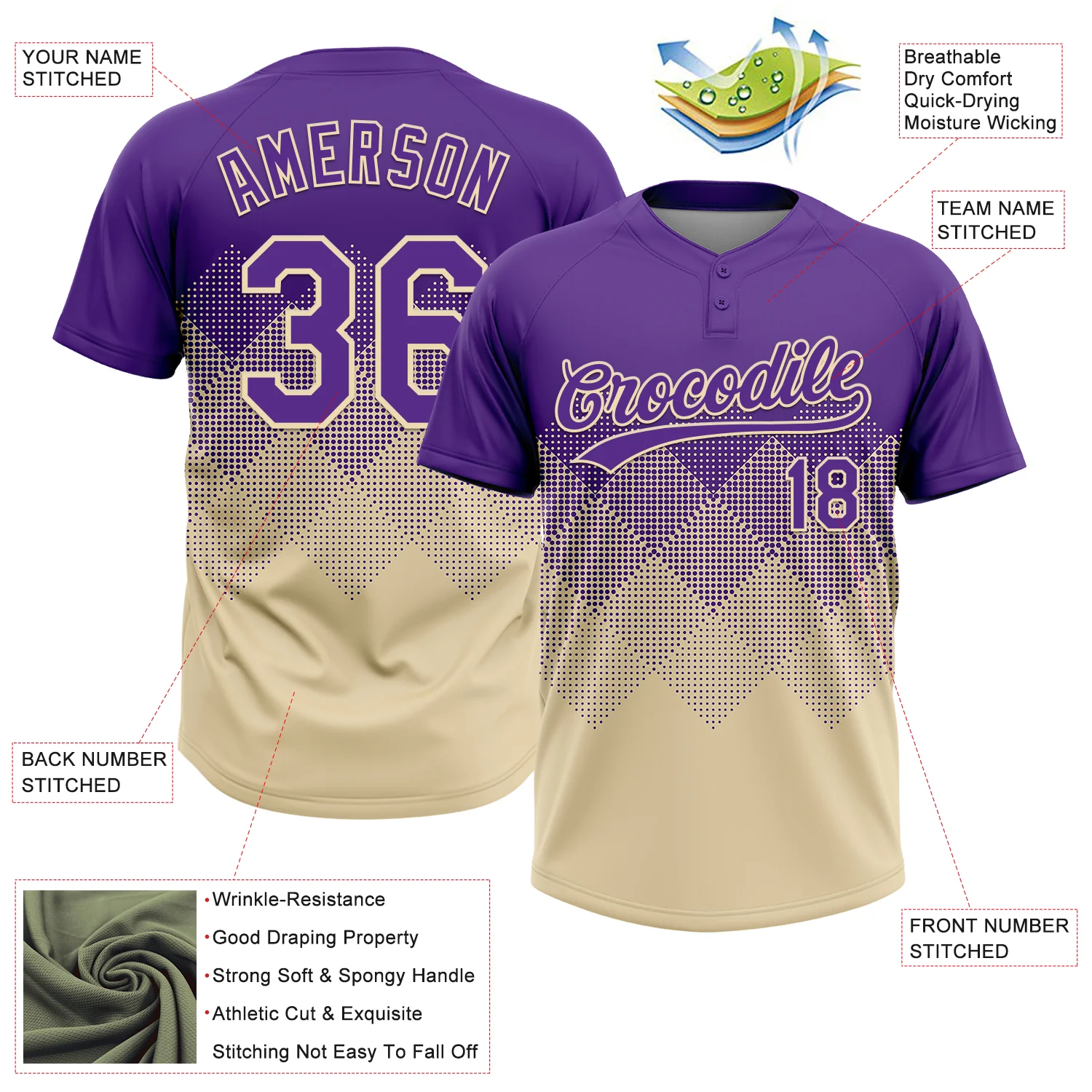 Custom Purple Cream 3D Gradient Square Shape Two-Button Unisex Softball Jersey - Image 3
