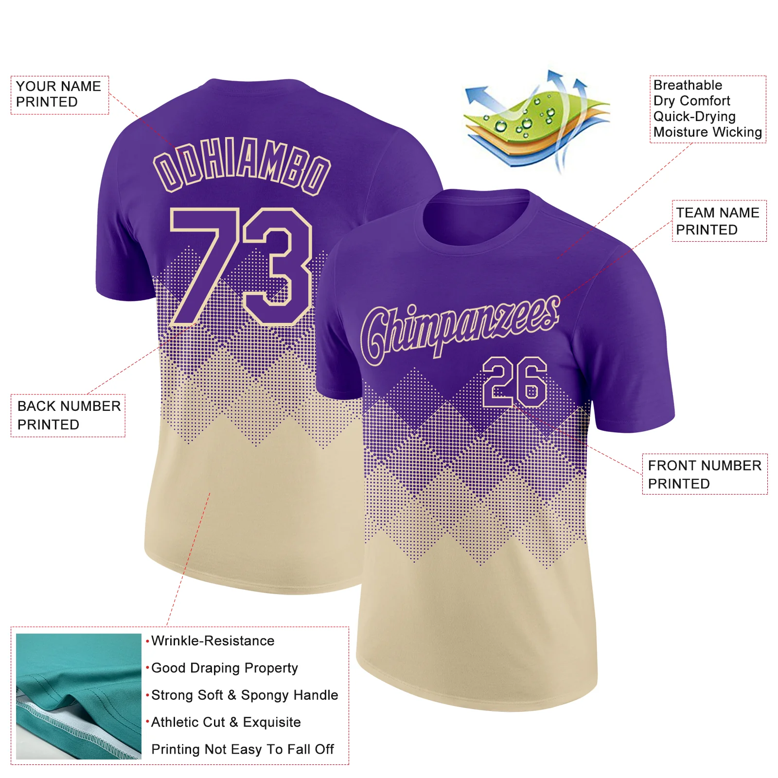 Custom Purple Cream 3D Pattern Design Gradient Square Shapes Performance T-Shirt - Image 2