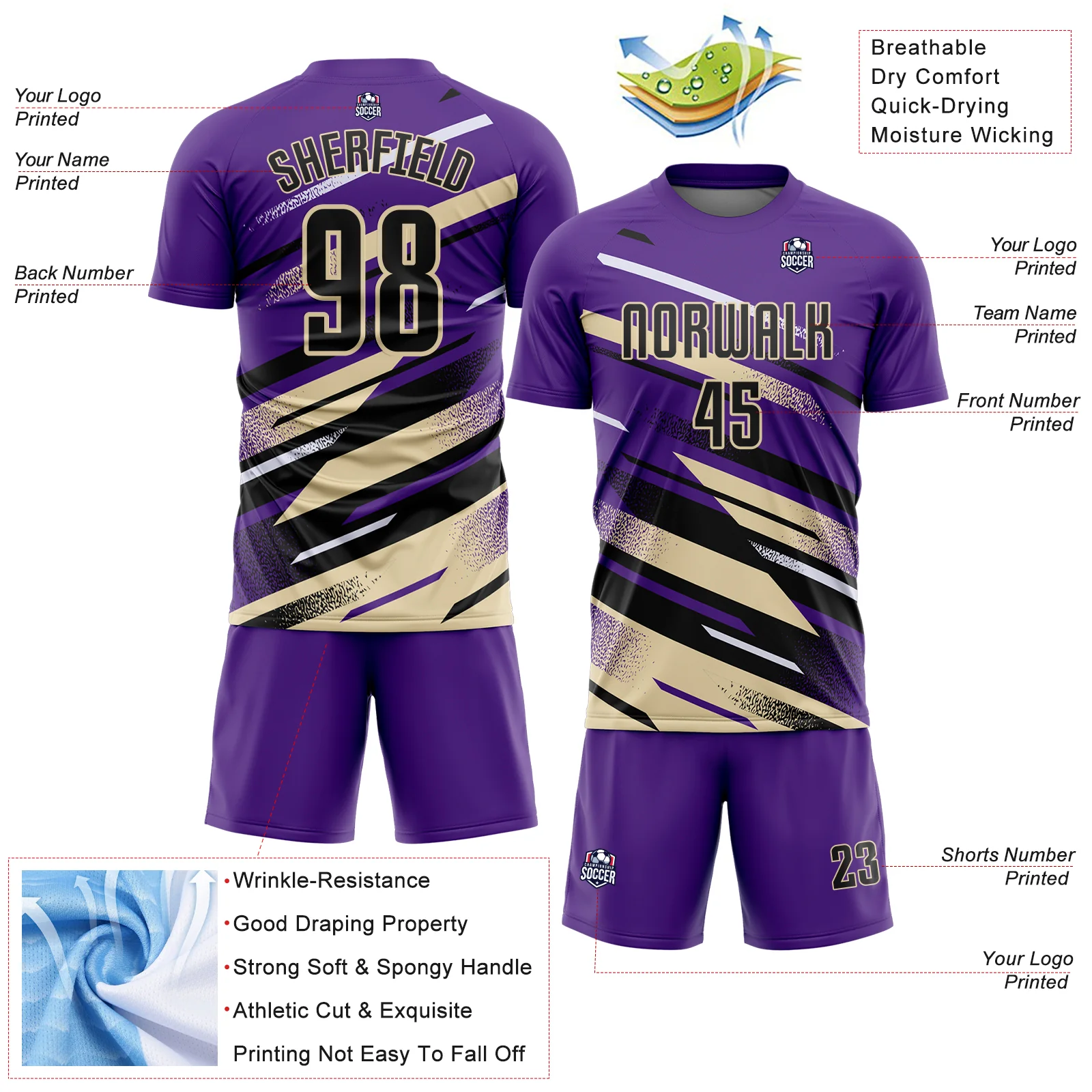 Custom Purple Black Cream-White Grunge Stripe And Grainy Sports Sublimation Soccer Uniform Jersey - Image 4